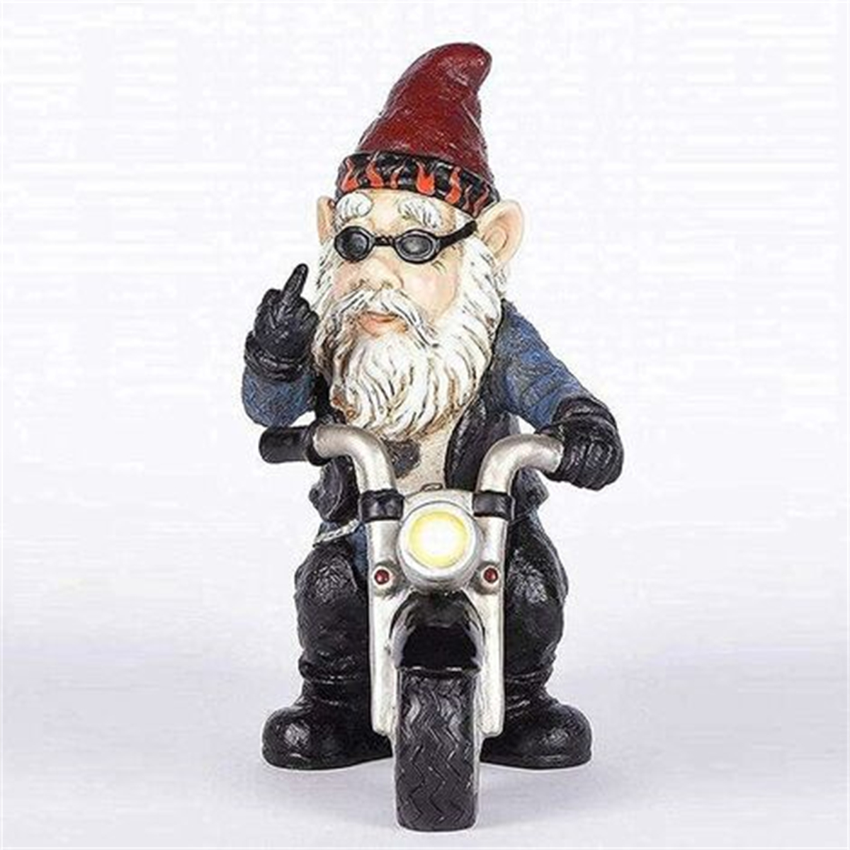 Ein Gartenzwerg fährt Motorrad und zeigt den Mittelfinger.