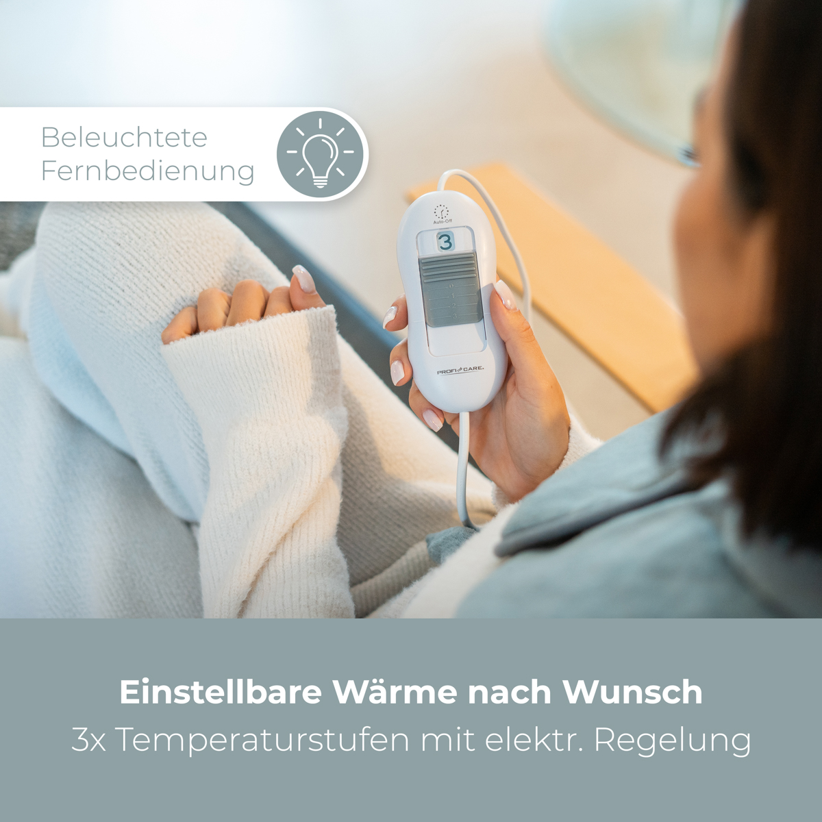 Donna che usa un controller per coperta termica. Testo: 'Calore regolabile a piacere' con impostazioni di temperatura.