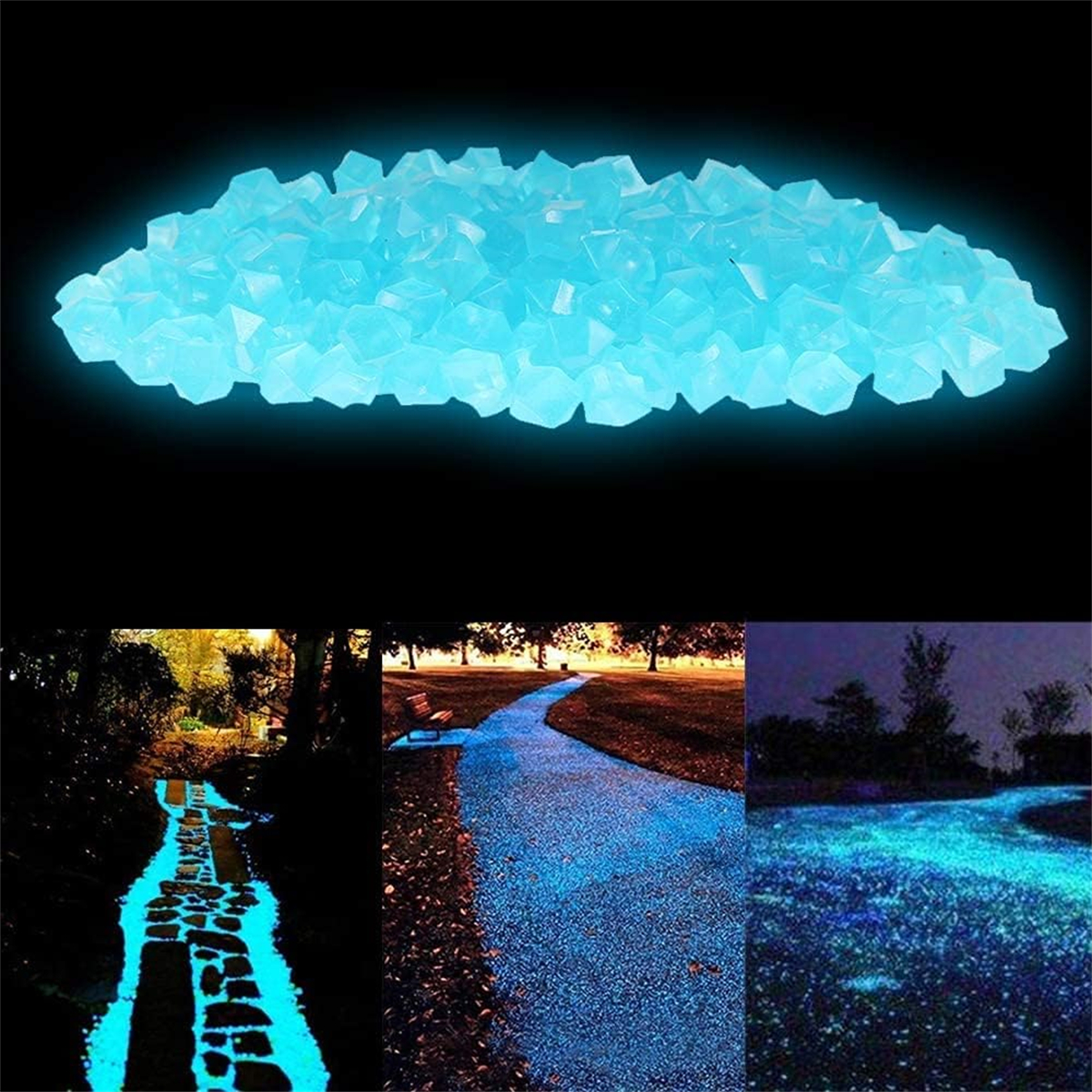 Leuchtende blaue Steine und Wege mit blauen Lichtern auf dunklem Hintergrund.