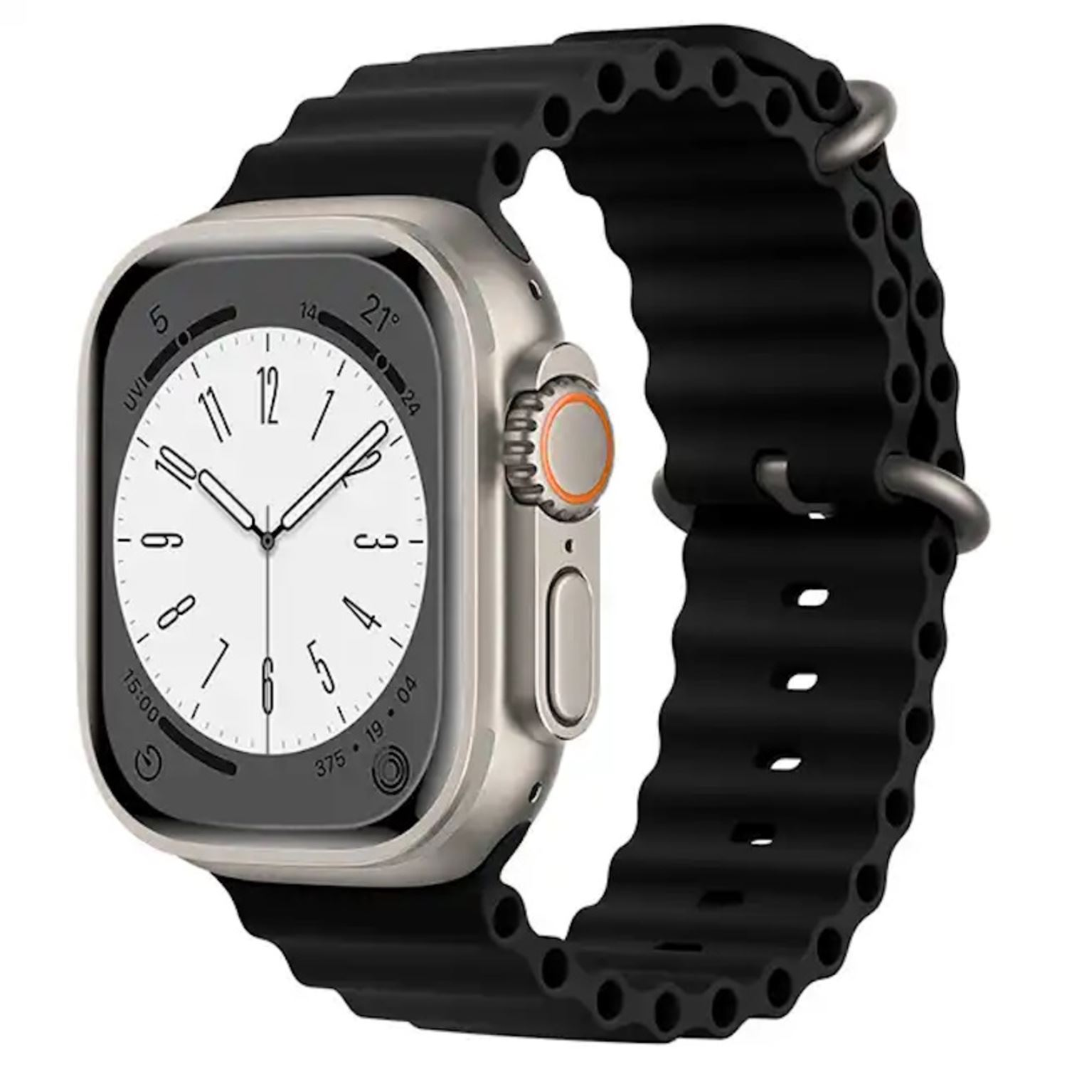Reloj inteligente plateado con correa negra. El reloj tiene pantalla digital.