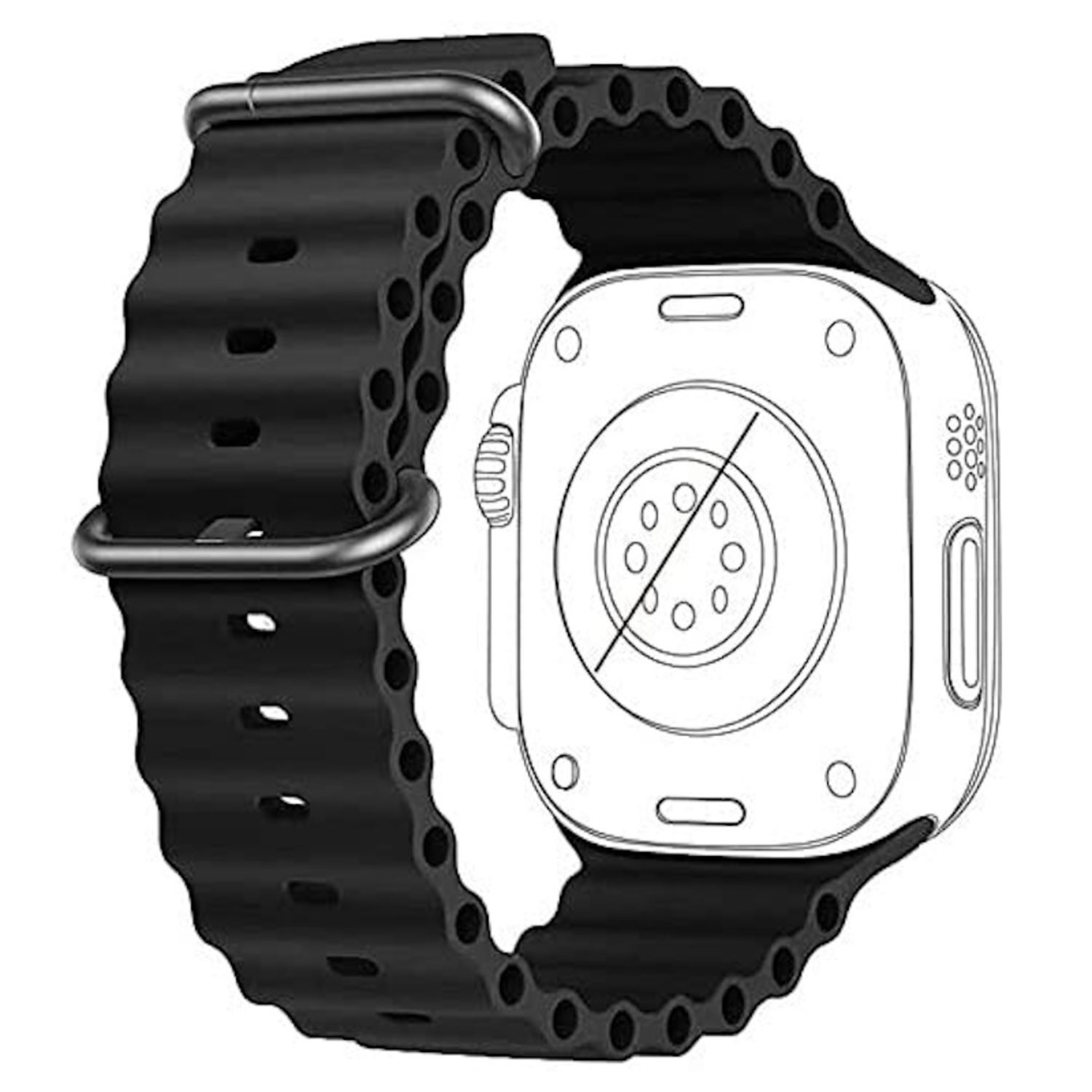 Correa de reloj negra, con una caja de reloj inteligente, vista desde abajo.