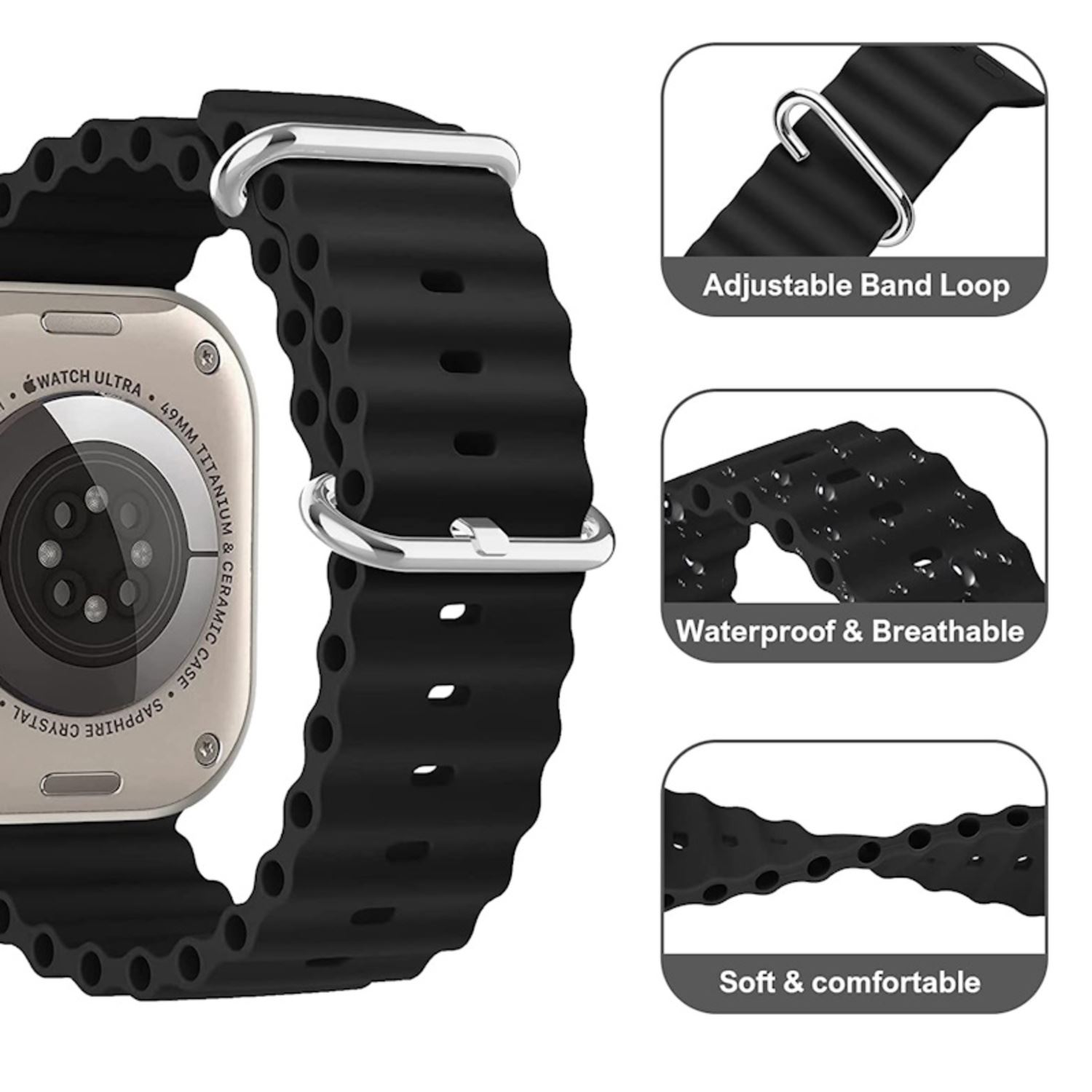 Apple Watch con correa negra, bucle ajustable, impermeable y características suaves y cómodas.