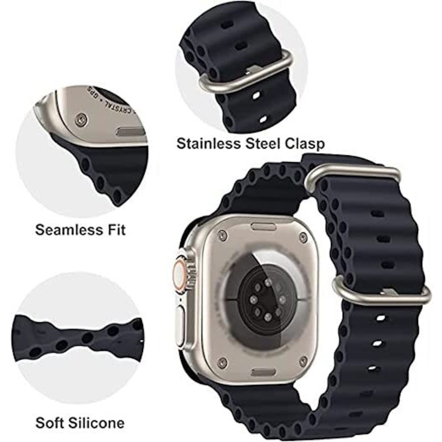 Smartwatch plateado con correa negra, primer plano mostrando detalles del cierre.