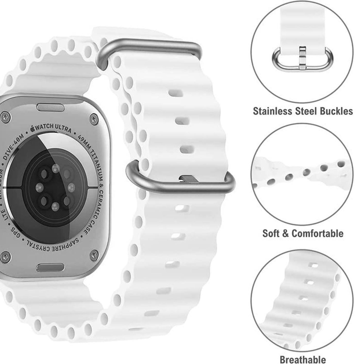 Correa de reloj blanca con hebilla de acero y detalles. Vista de cerca.