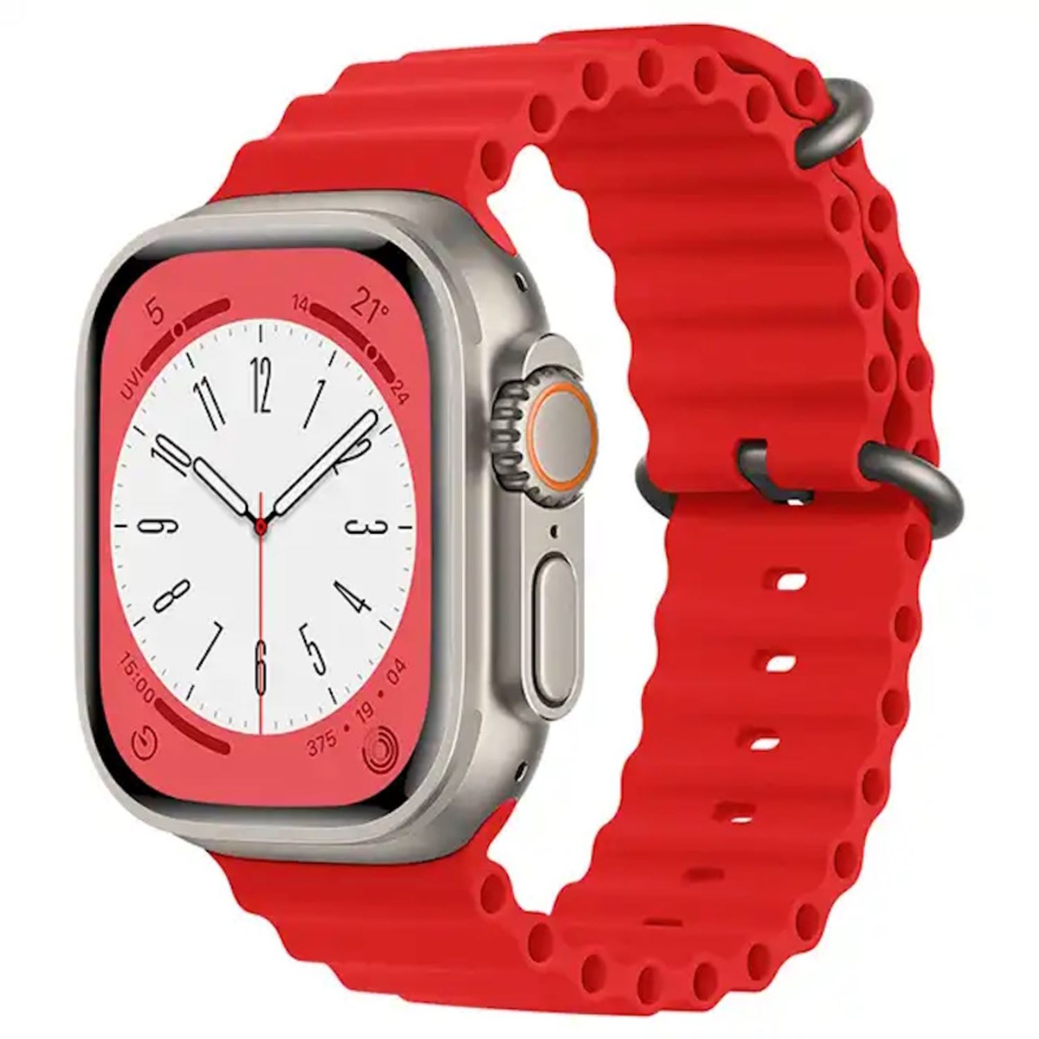 Smartwatch plateado con correa roja. La pantalla muestra la hora en blanco sobre fondo rojo.