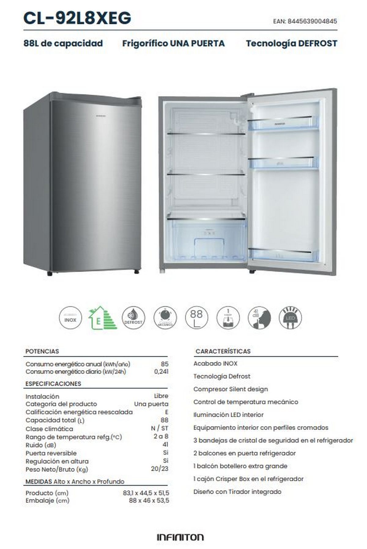 Hoja informativa del refrigerador. Detalles del refrigerador plateado. Texto en español: consumo energético, etc.