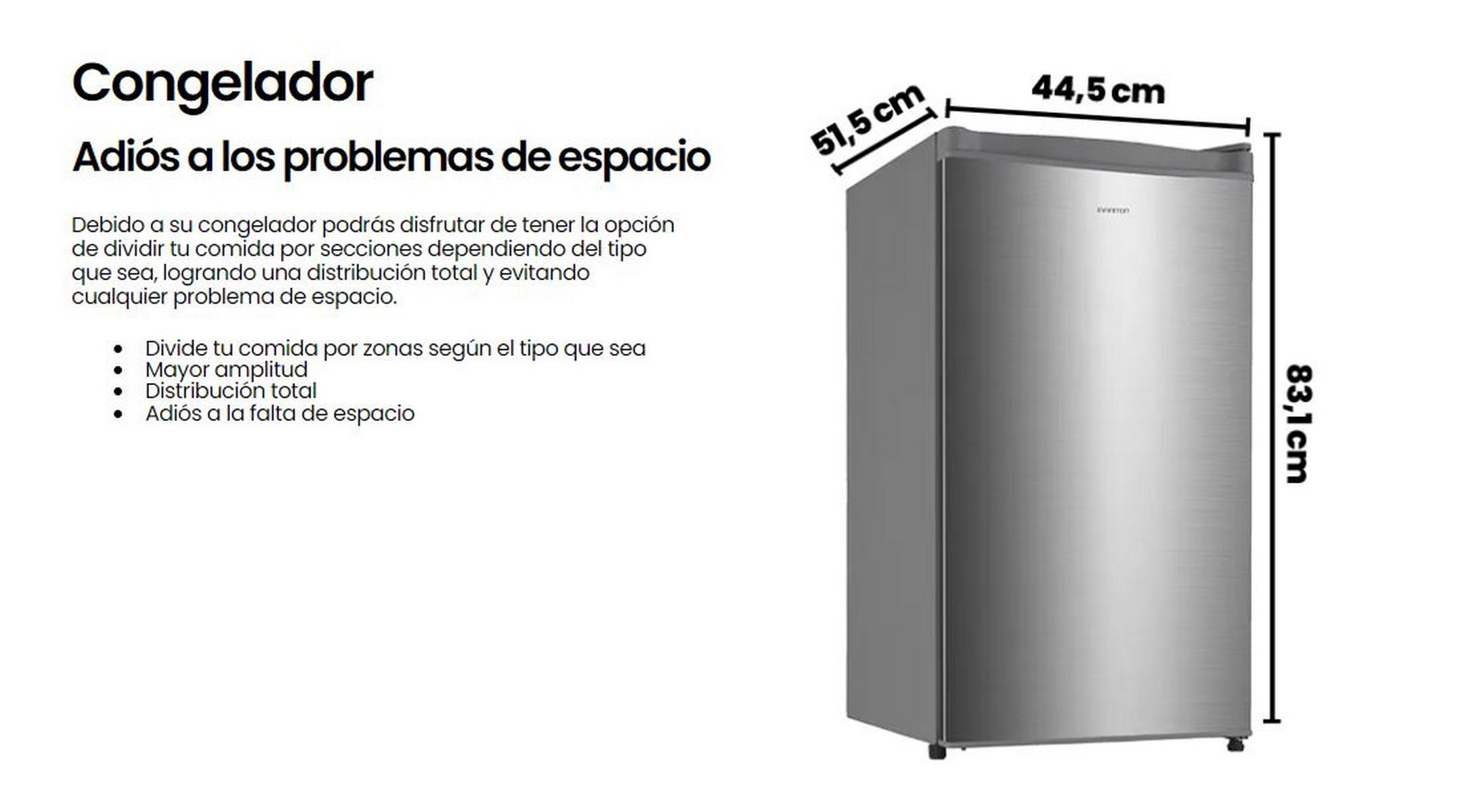 Refrigerador plateado con medidas. El refrigerador es alto y estrecho con un diseño simple.