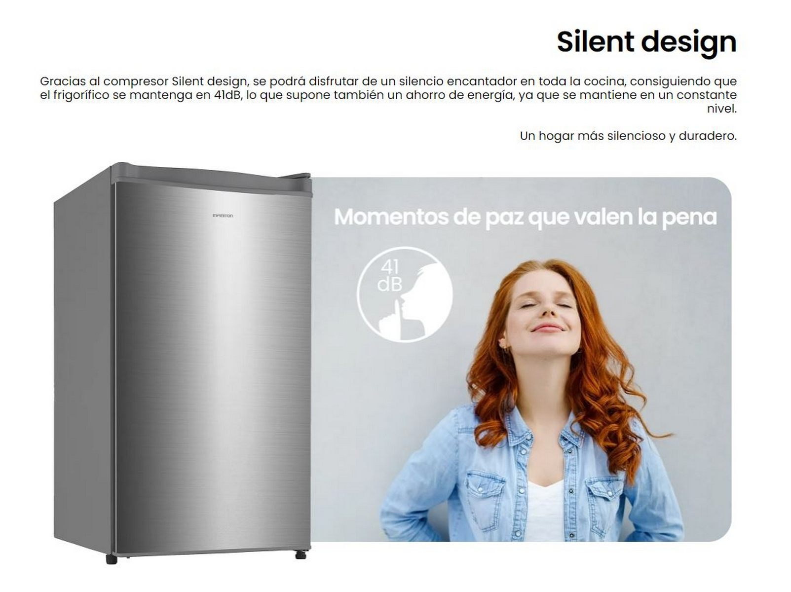 Un refrigerador con una mujer sonriendo. El refrigerador es plateado y la mujer está sonriendo.