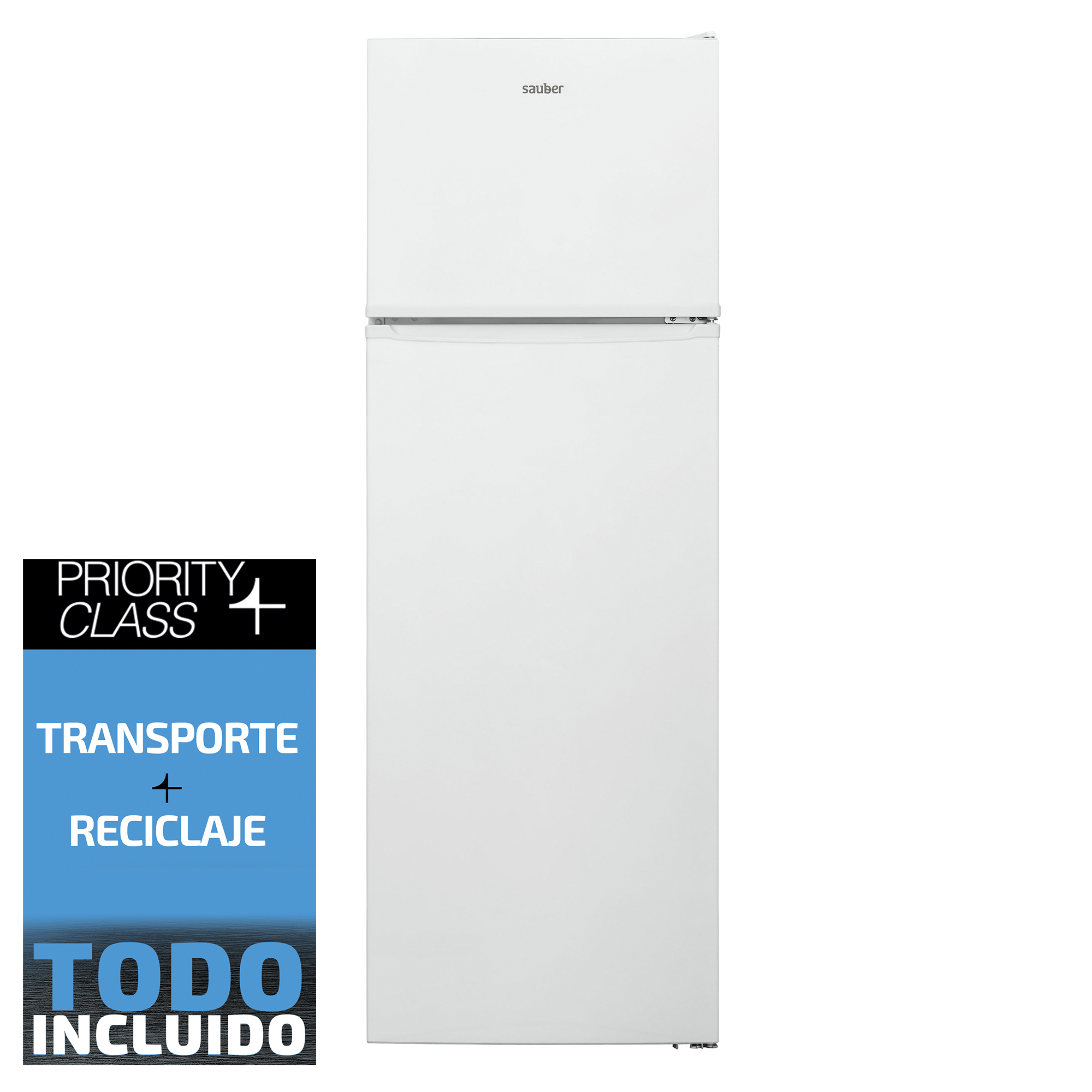 Frigorífico-congelador Sauber blanco. Tiene una pegatina 'Priority Class' y un letrero 'Todo Incluido'.