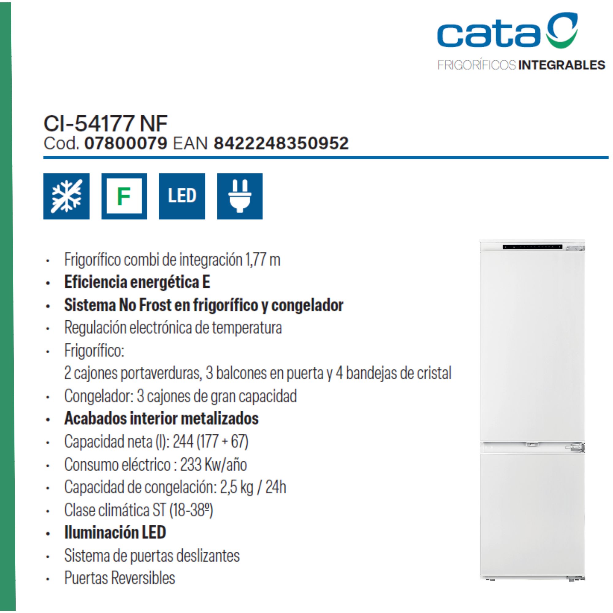Un frigorifero bianco con la porta aperta, dettagli e testo sono visibili sul lato.