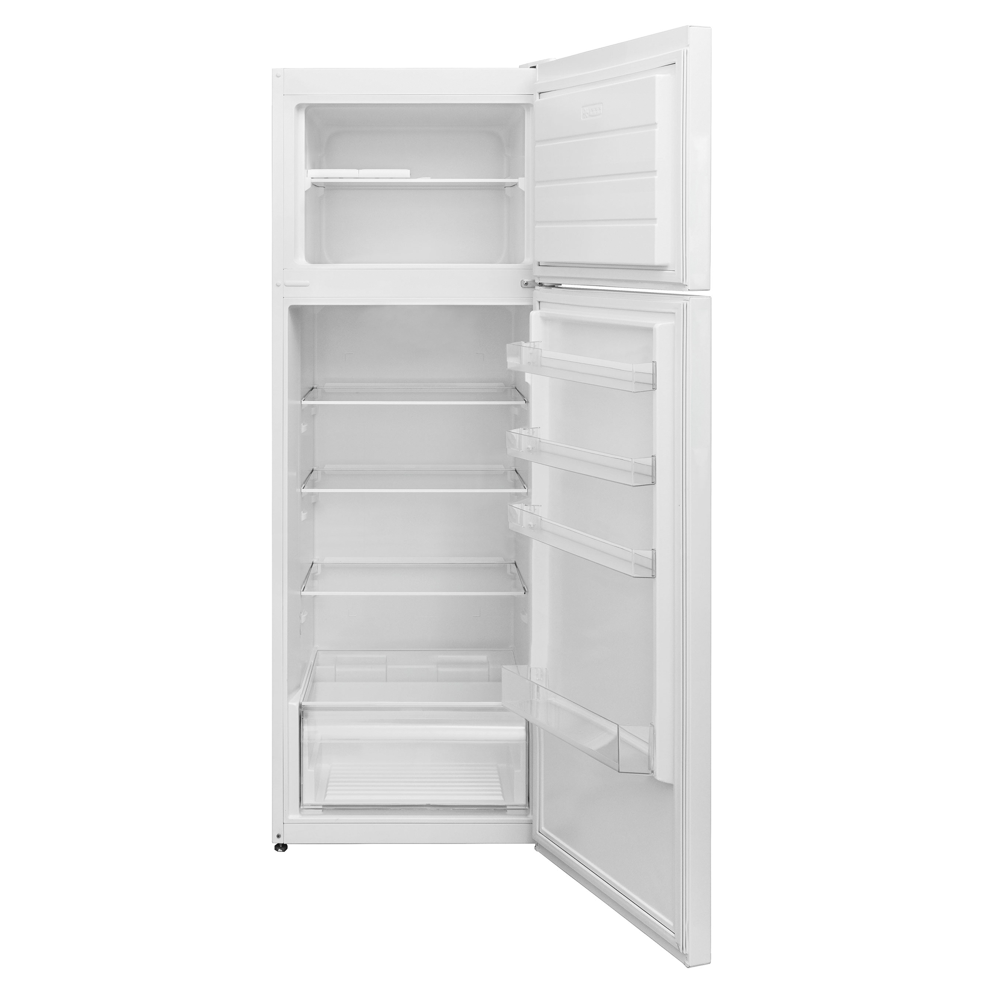 Un refrigerador blanco con las puertas abiertas, mostrando estantes e interior.