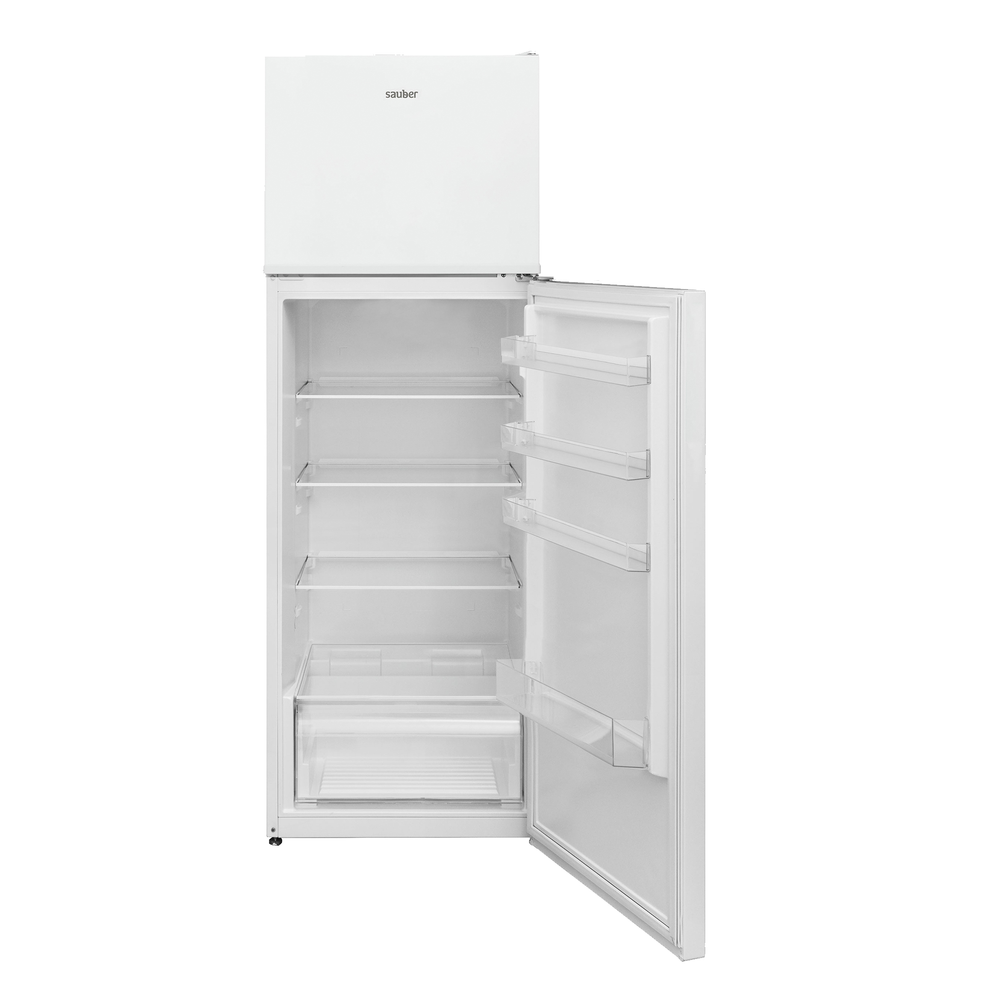 Un refrigerador blanco con la puerta abierta, mostrando estantes y compartimentos de almacenamiento.