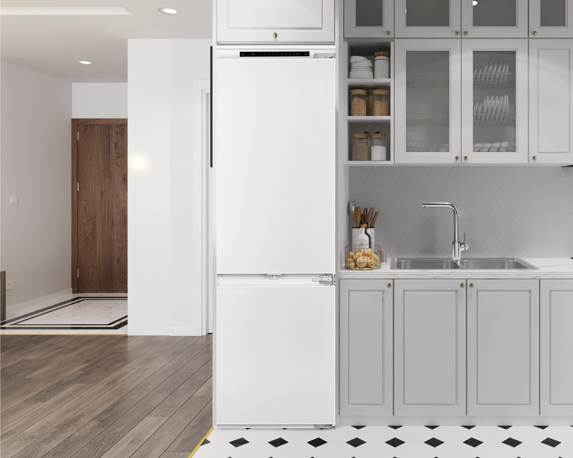 Frigorifero bianco in un ambiente cucina moderno. Cucina con mobili e piano di lavoro.