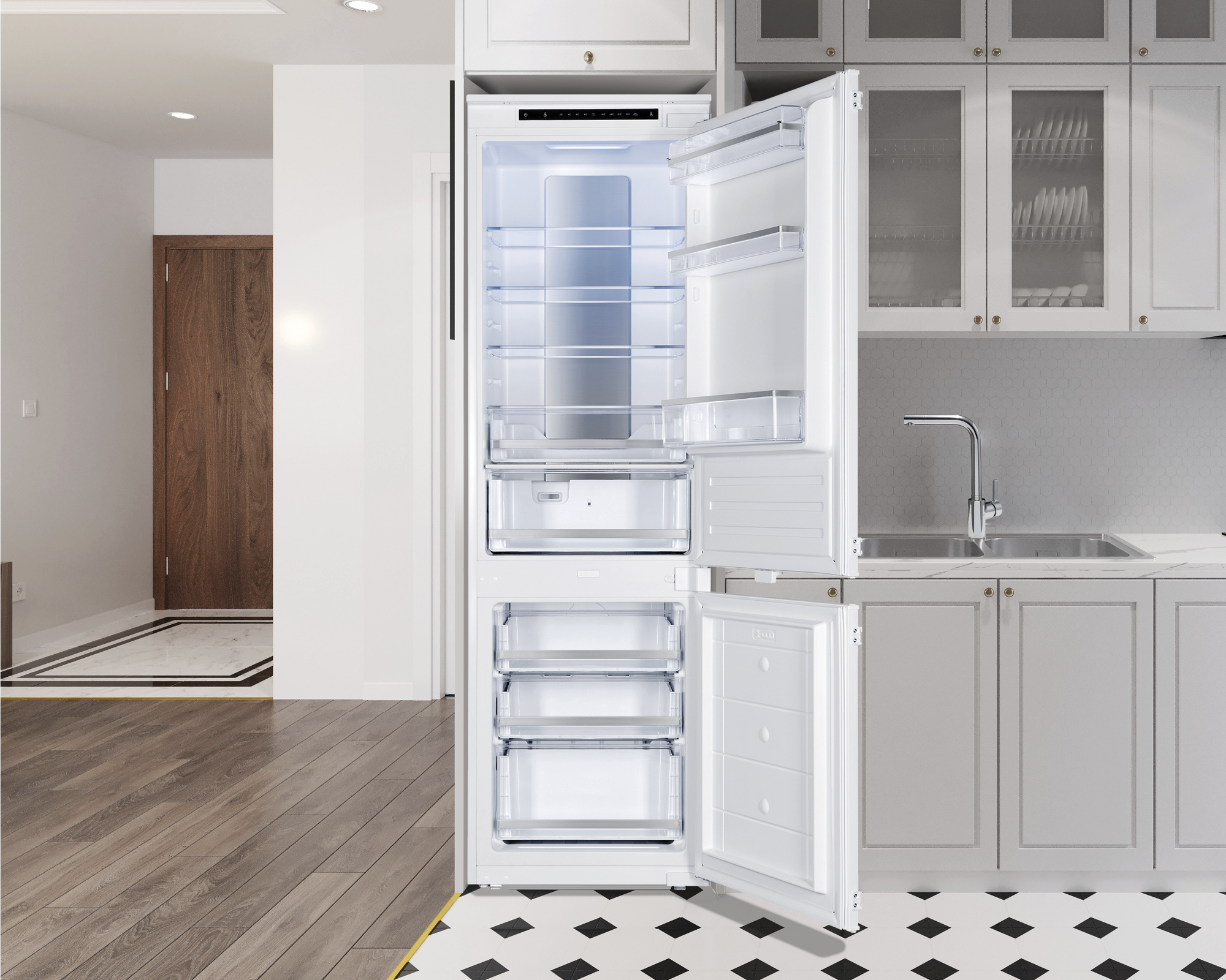 Frigorifero bianco aperto in una cucina, che mostra i vani interni.