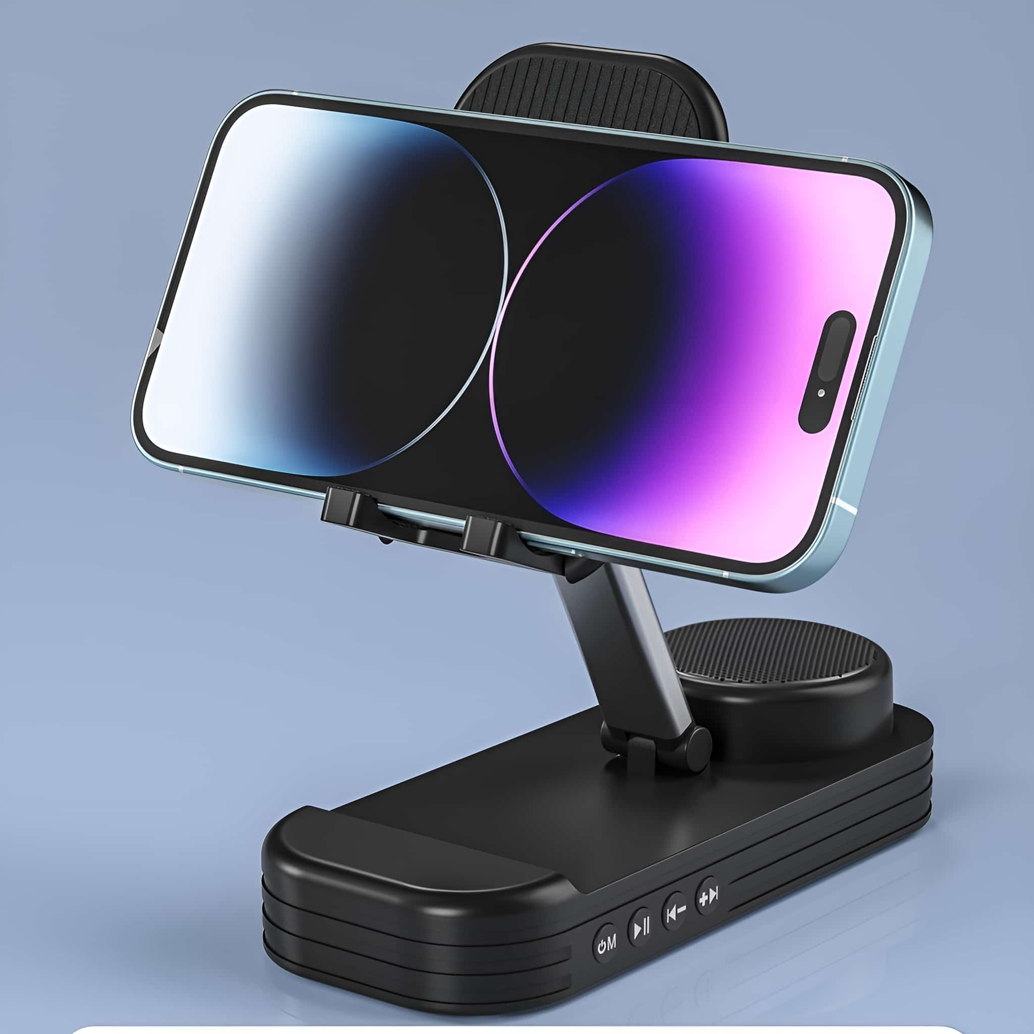 Ein schwarzer Telefonhalter mit Telefon und Lautsprecher. Es hat einen blauen Hintergrund und wird schräg gezeigt.