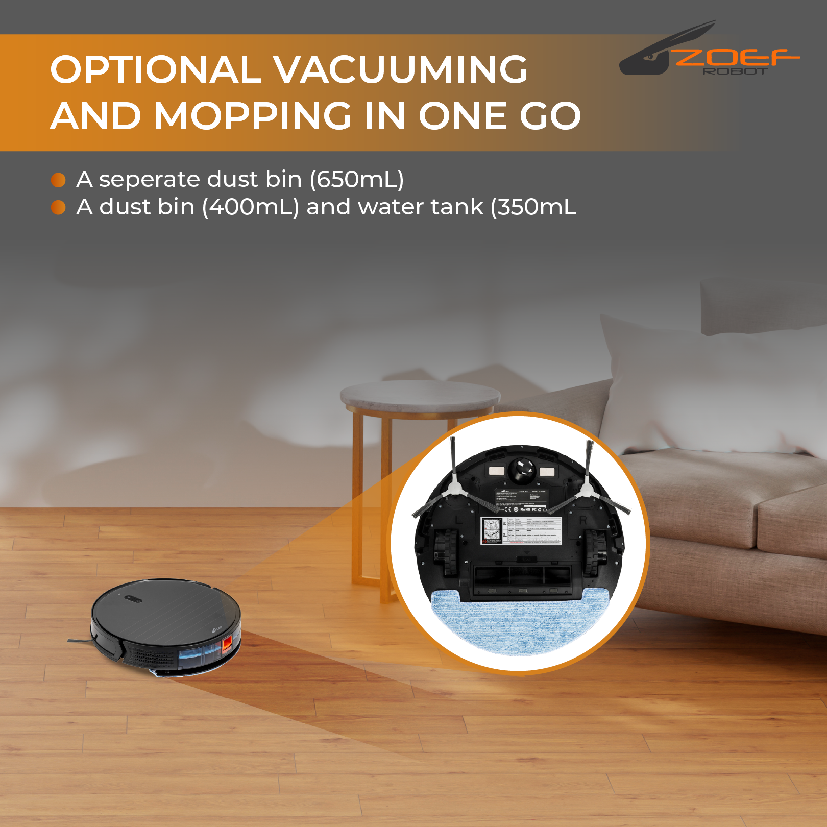 Robot vacuum cleaner on wooden floor. Diagram of its underside is inset.