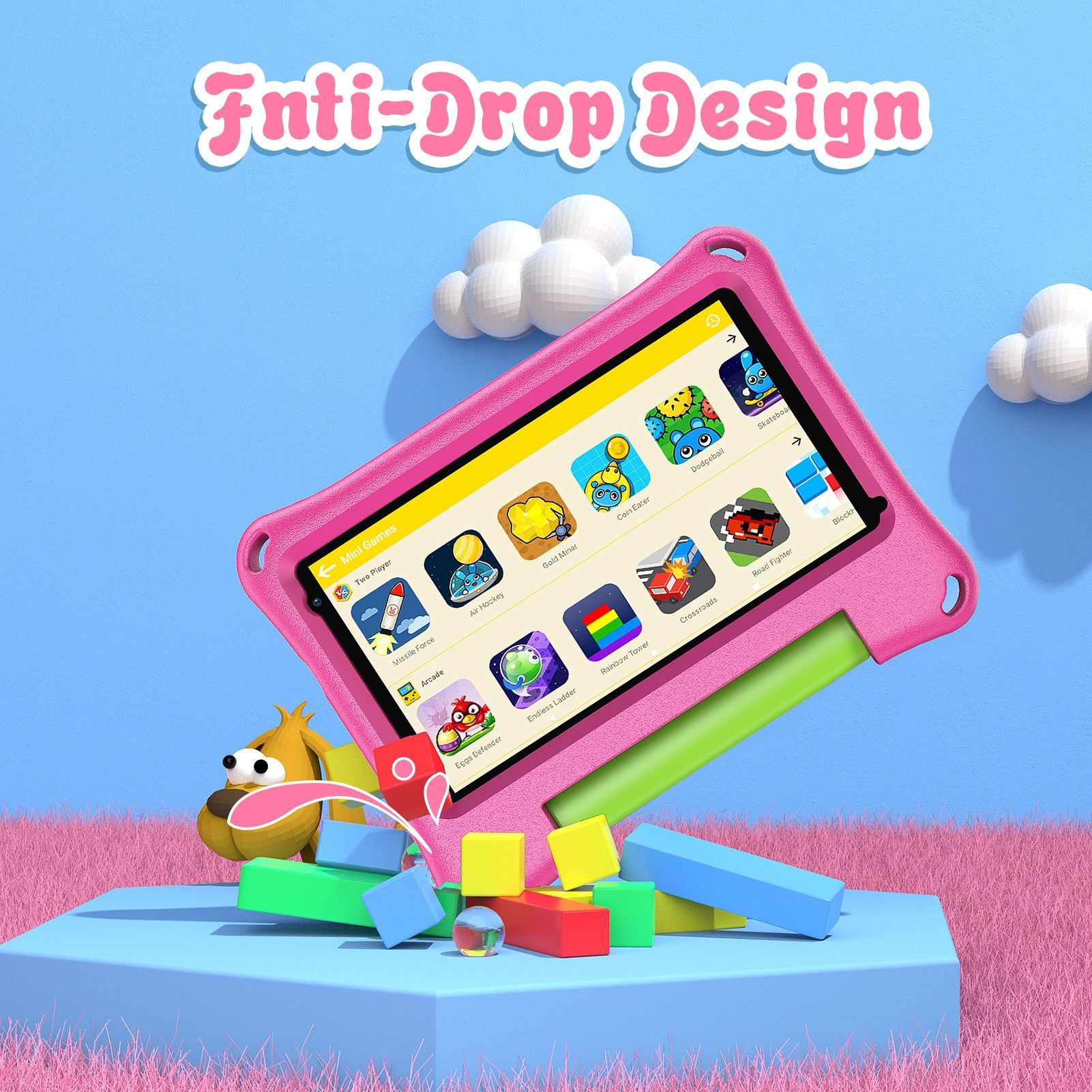 Rosa Tablet mit Schutzhülle, die bunte Spielsymbole zeigt, mit Spielzeug im Vordergrund.