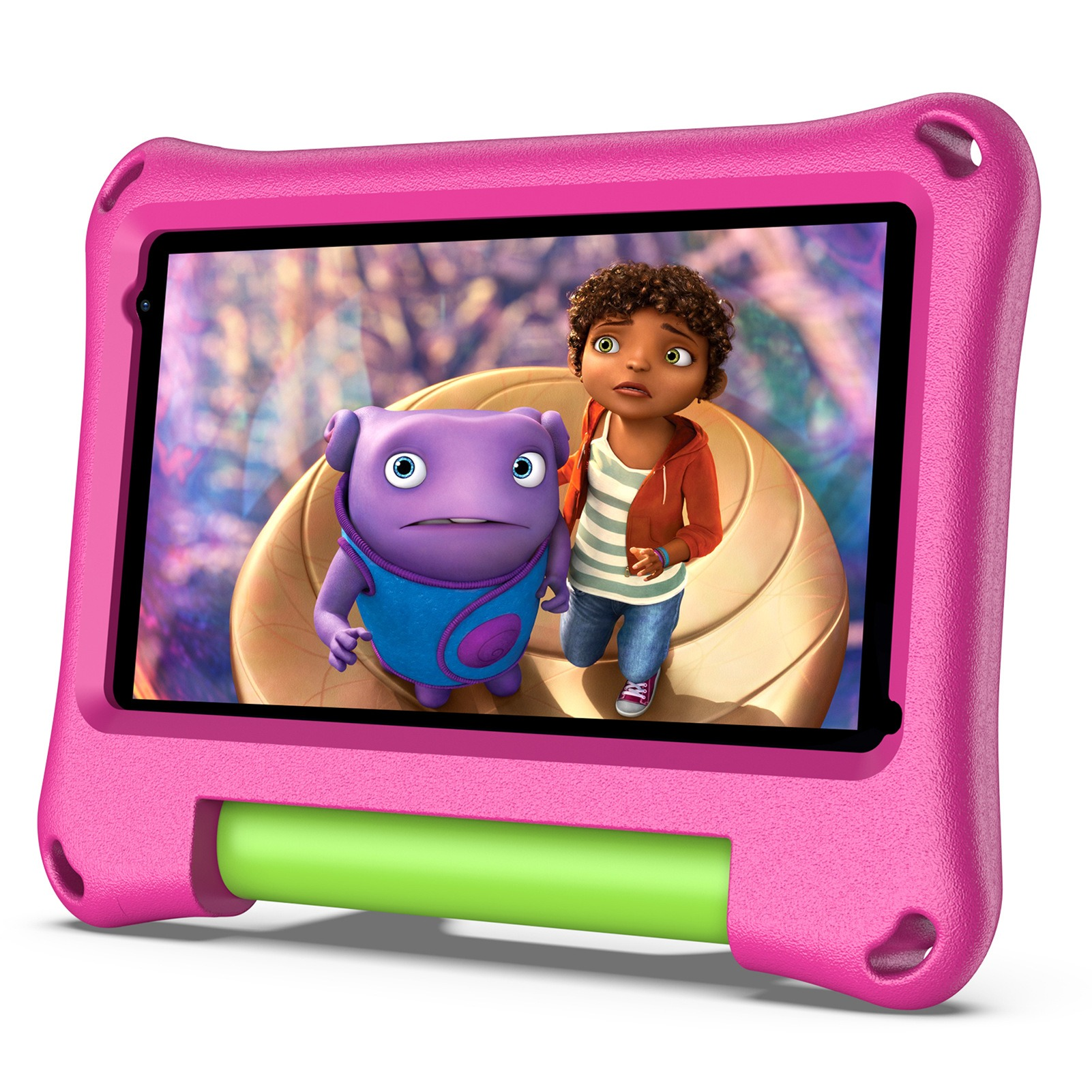 Rosa Tablet mit Cartoon-Szene, lilafarbenem Charakter und Junge.