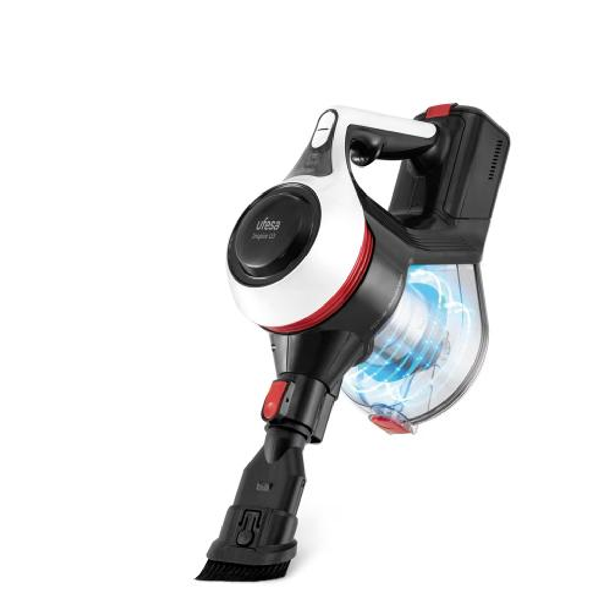 Una aspiradora inalámbrica, diseño blanco y negro, con botón rojo.