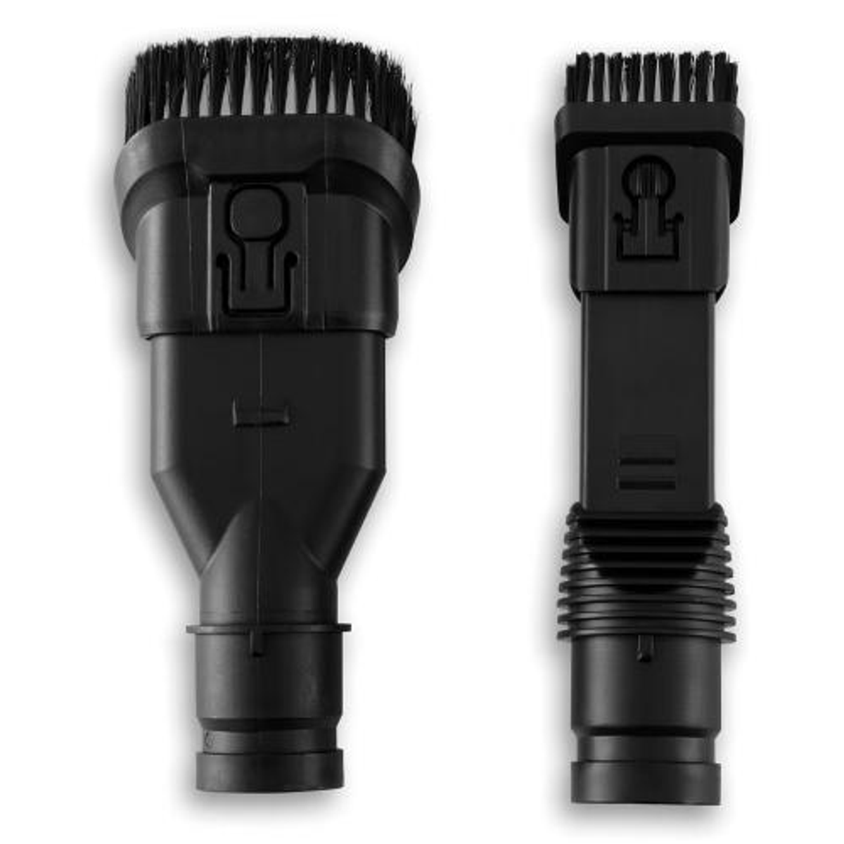 Dos accesorios negros para aspiradora. Uno es un cepillo, el otro una boquilla para rincones.