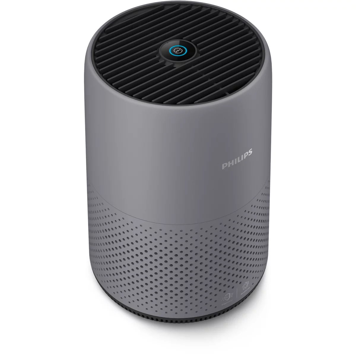 A cylindrical air purifier in gray, with a black top and ventilation holes.