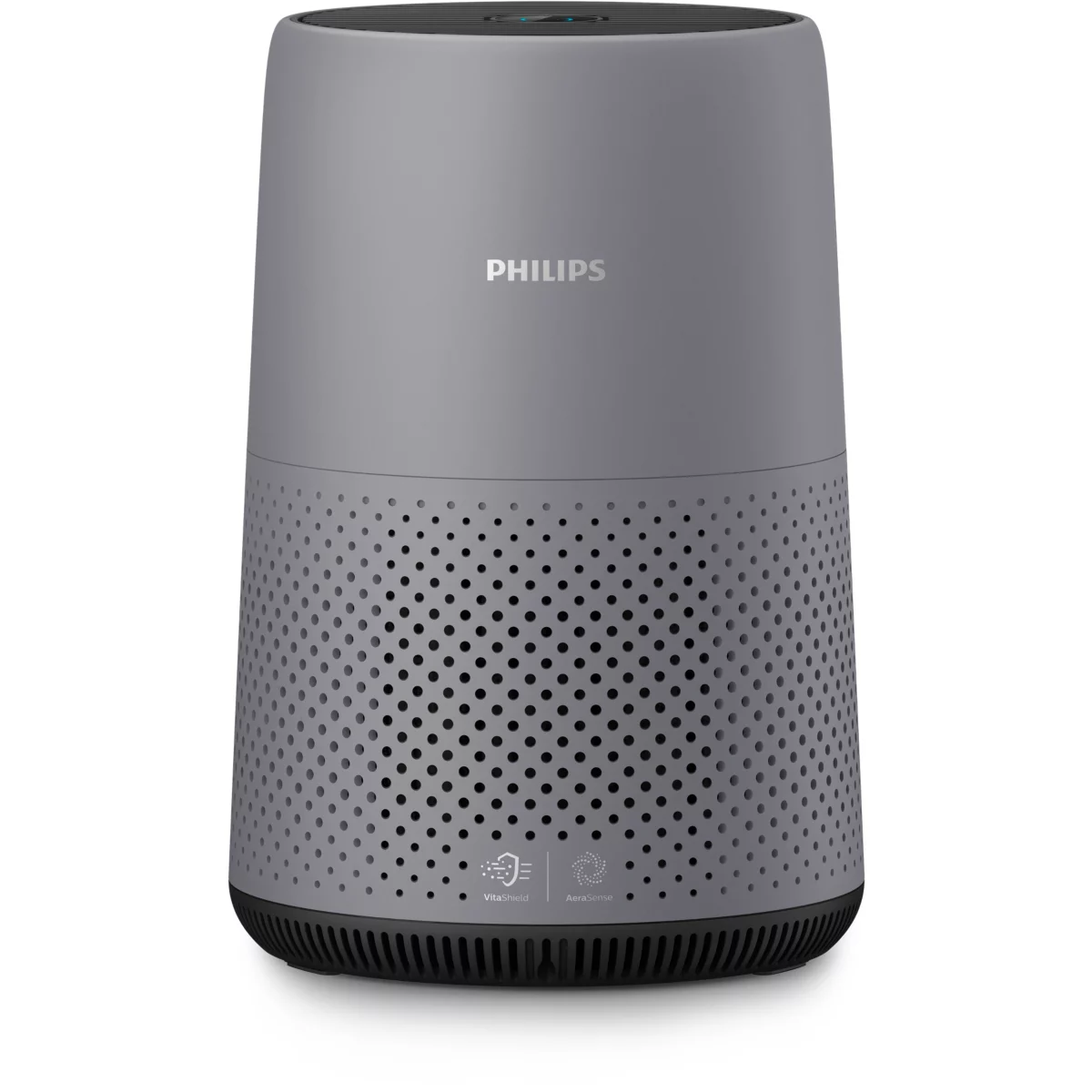 Gray Philips air purifier with the brand name on it and a perforated lower section.