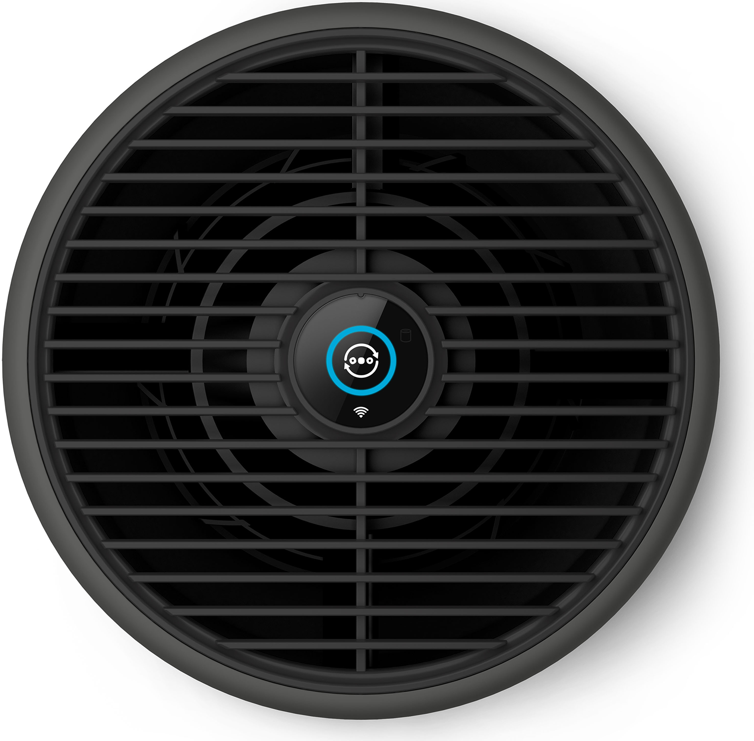 Black air purifier with a circular design. Features a grid front and a control panel in the center.