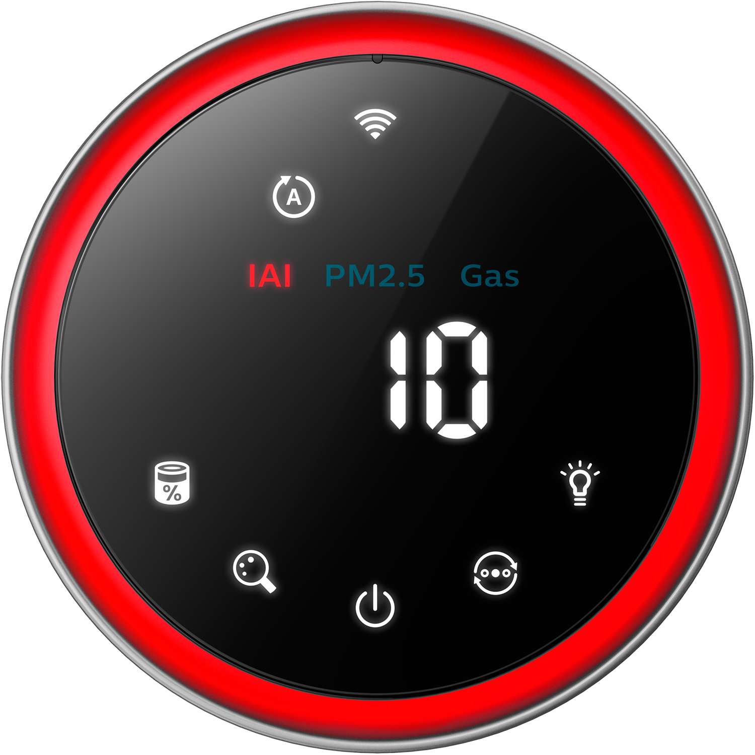 WiFi bağlantısıyla PM2.5 ve gaz seviyelerini gösteren, kırmızı şeritli yuvarlak hava kalitesi monitörü.