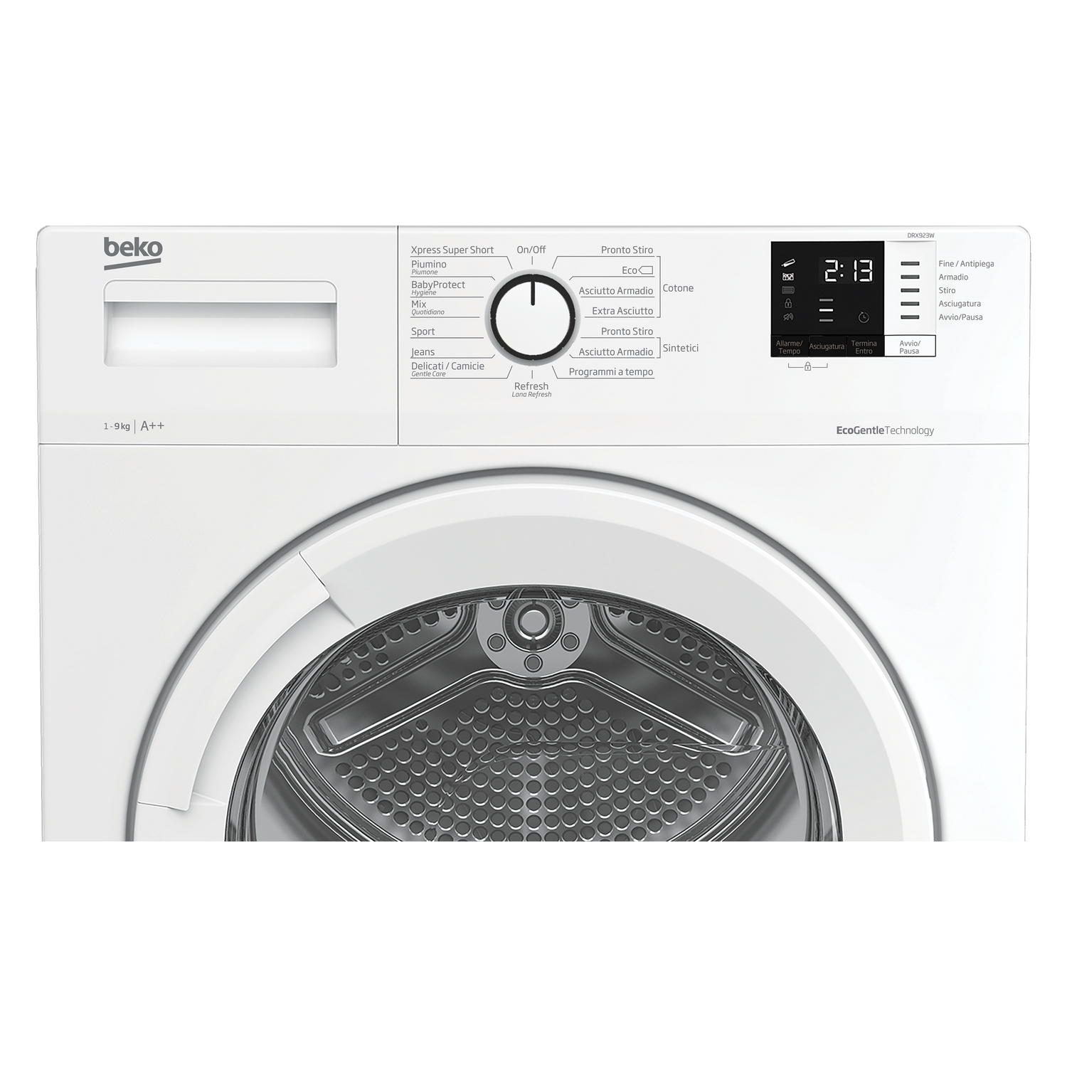 Un pannello di controllo dell'asciugatrice Beko bianco, con un display che mostra l'ora e le impostazioni.