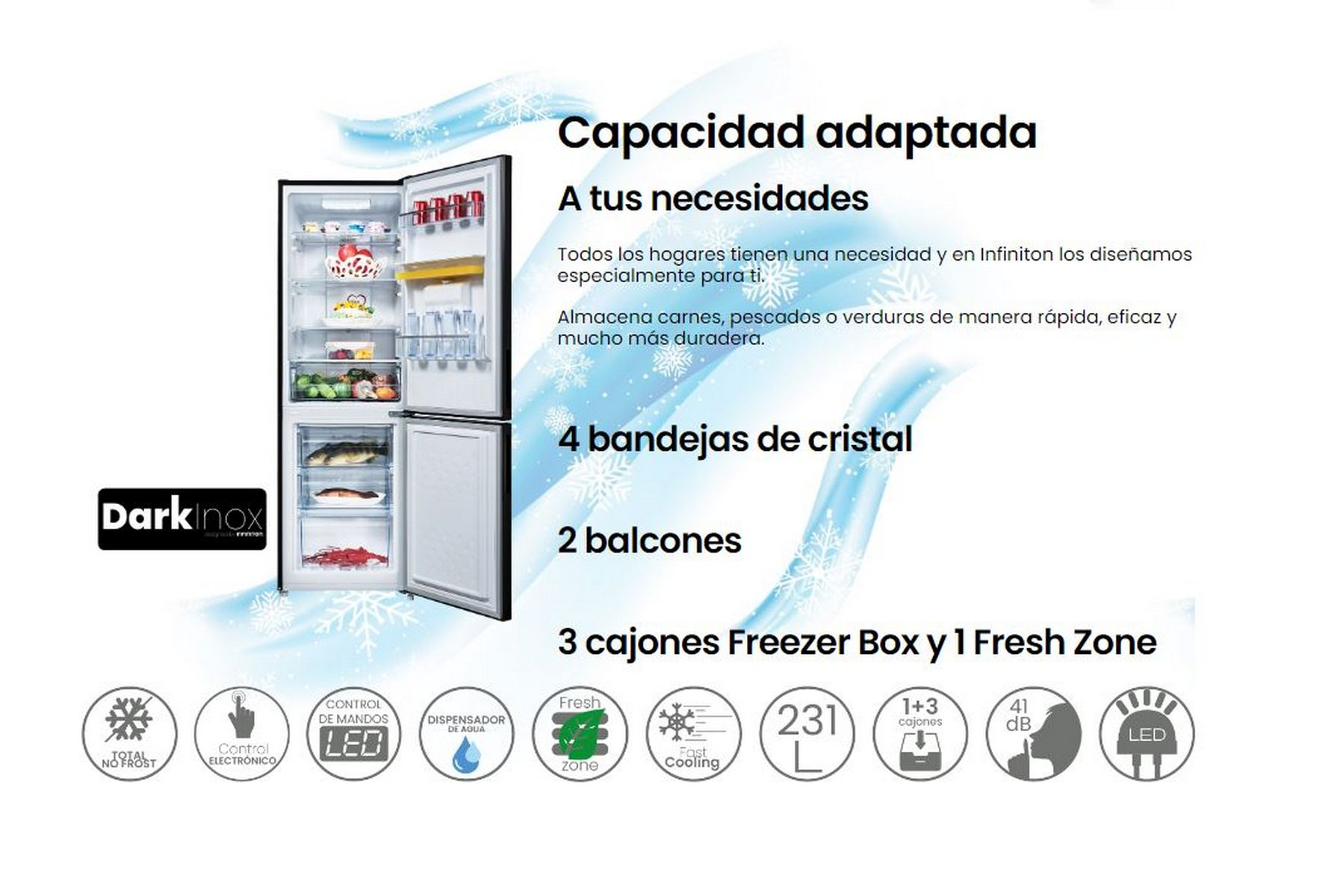 Un refrigerador con la puerta abierta, mostrando estantes y cajones, con superposición de texto.