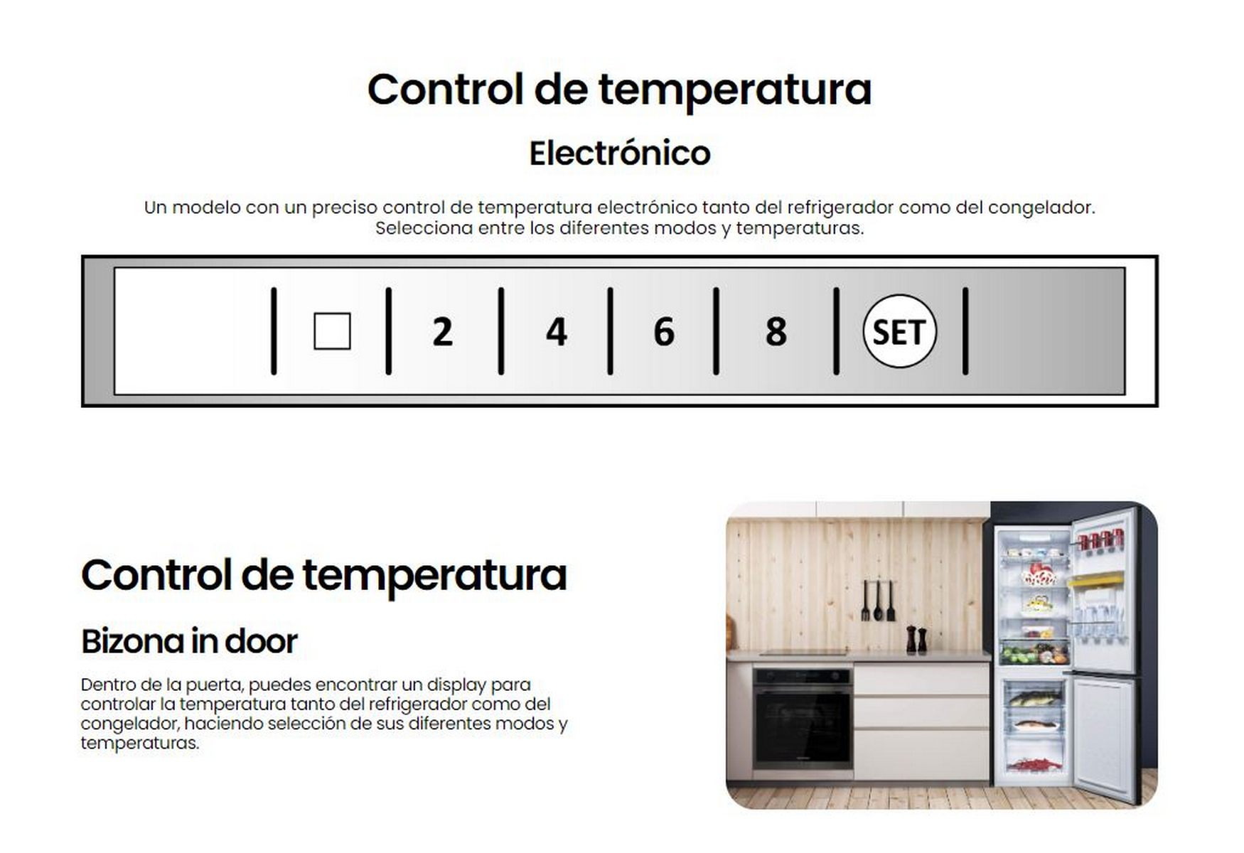 Panel de control del refrigerador. Ajustes de temperatura y pantalla en puerta.