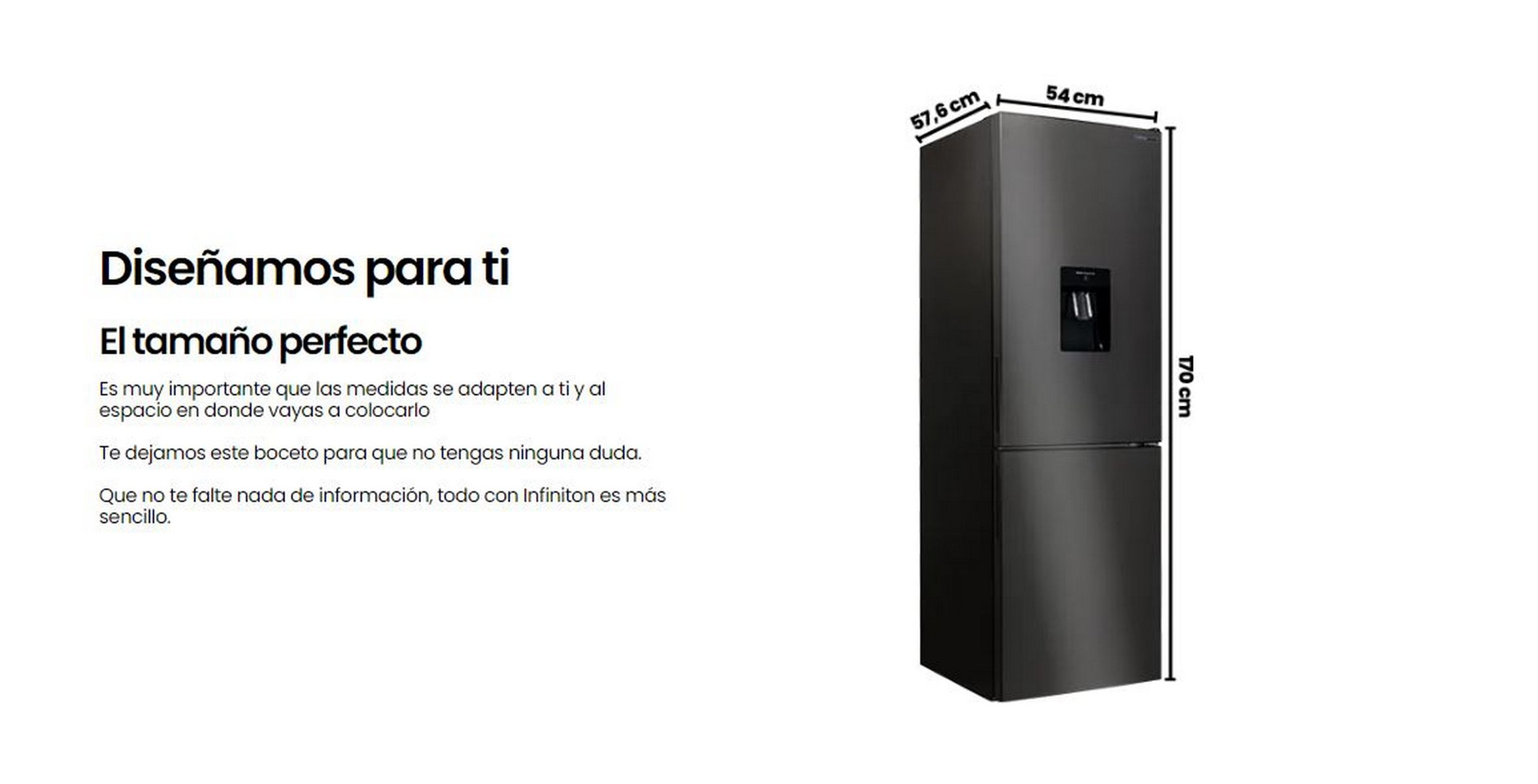 Refrigerador negro con dimensiones mostradas sobre fondo blanco. Texto en español.