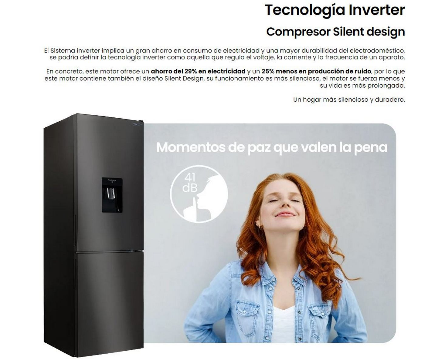 Refrigerador negro con dispensador de agua. Una mujer pelirroja sonríe.