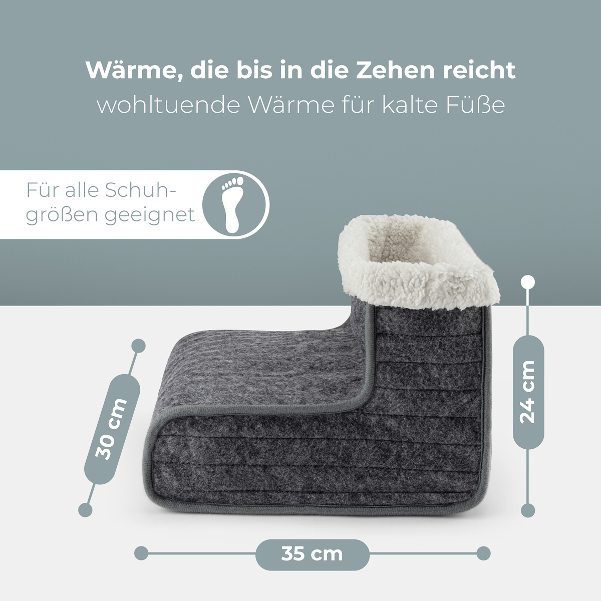 Szary ogrzewacz stóp. Białe, puszyste wnętrze. Wymiary: 35x30x24 cm. Tekst na górze.