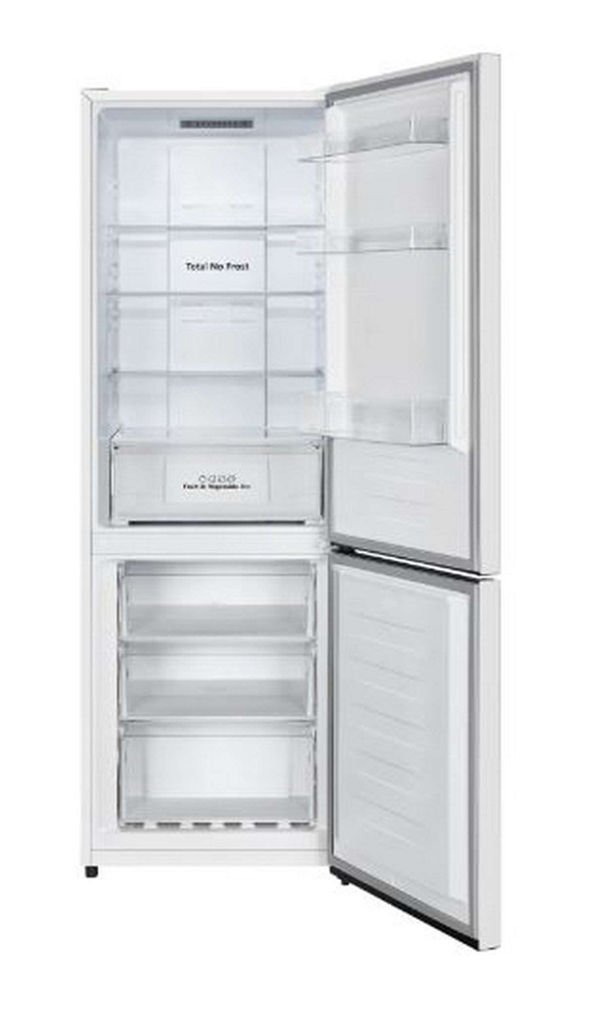 Un refrigerador blanco con puertas abiertas, mostrando estantes, cajones y una sección de congelador.