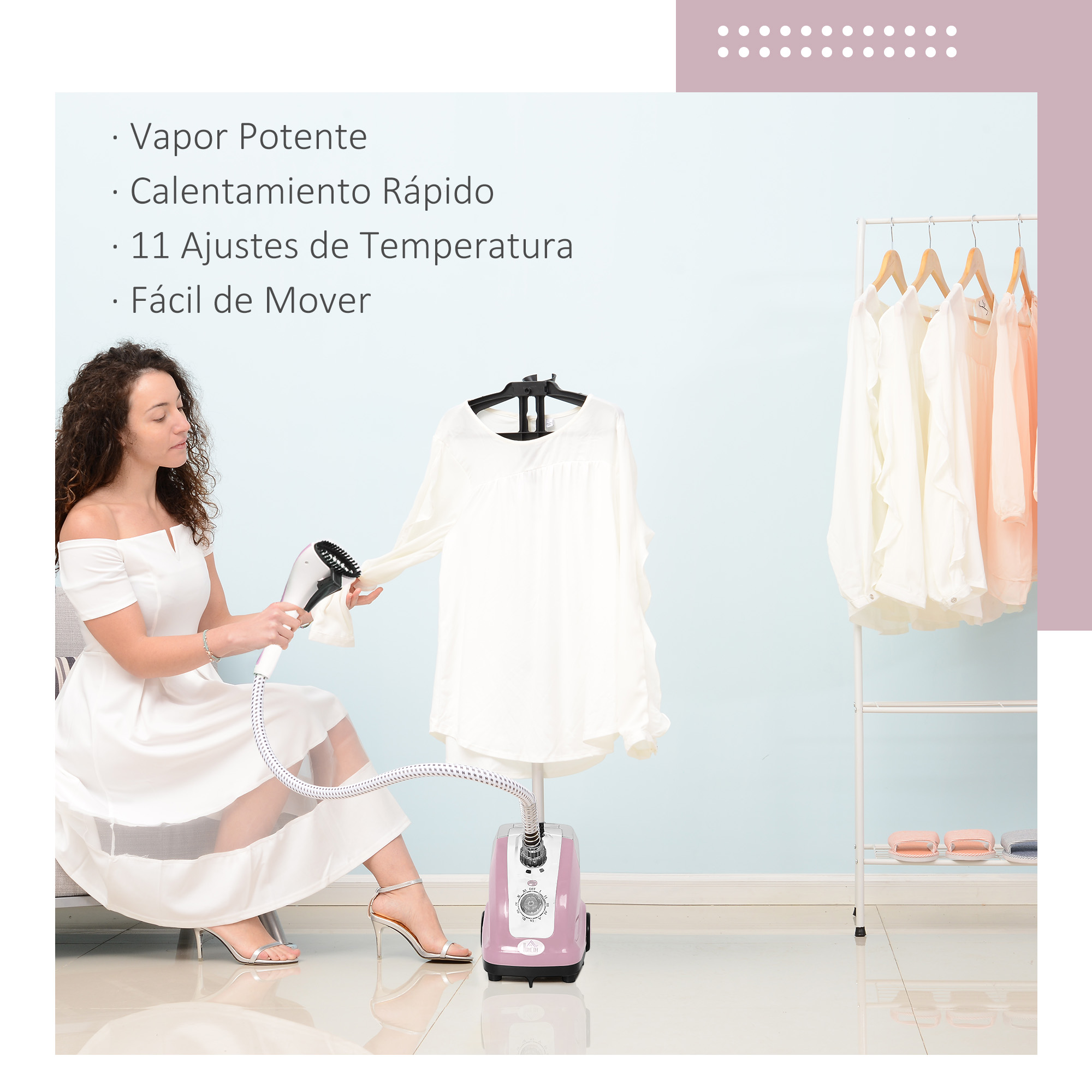 Una mujer planchando un vestido blanco con un vaporizador rosa. Texto en español a la izquierda.