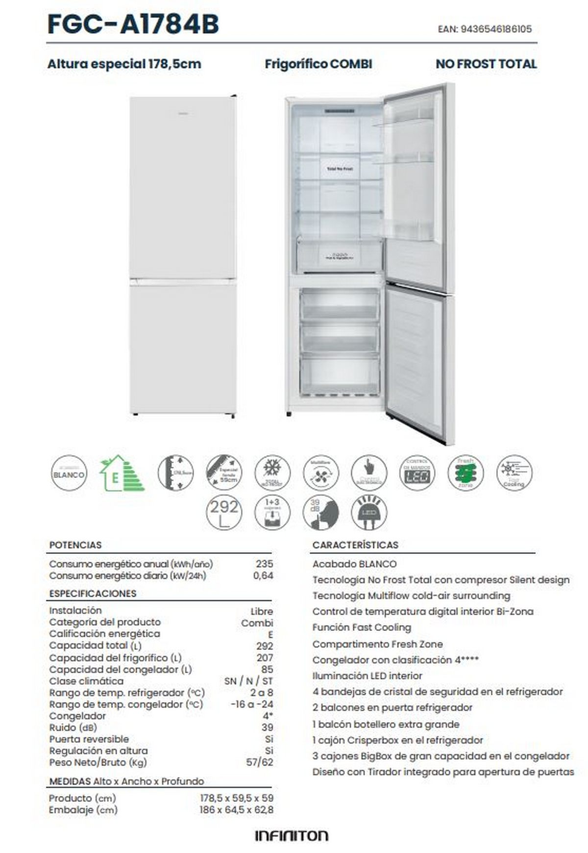 Un refrigerador blanco con la puerta abierta, mostrando estantes y cajones, y especificaciones.