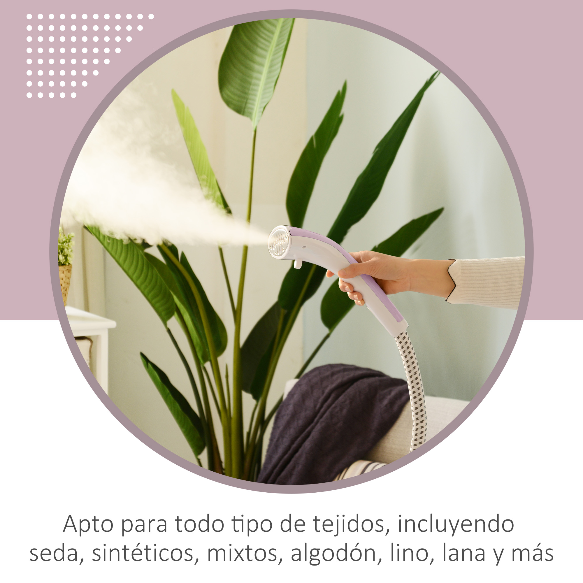 Una persona vaporizando hojas de plantas con un vaporizador blanco y morado.