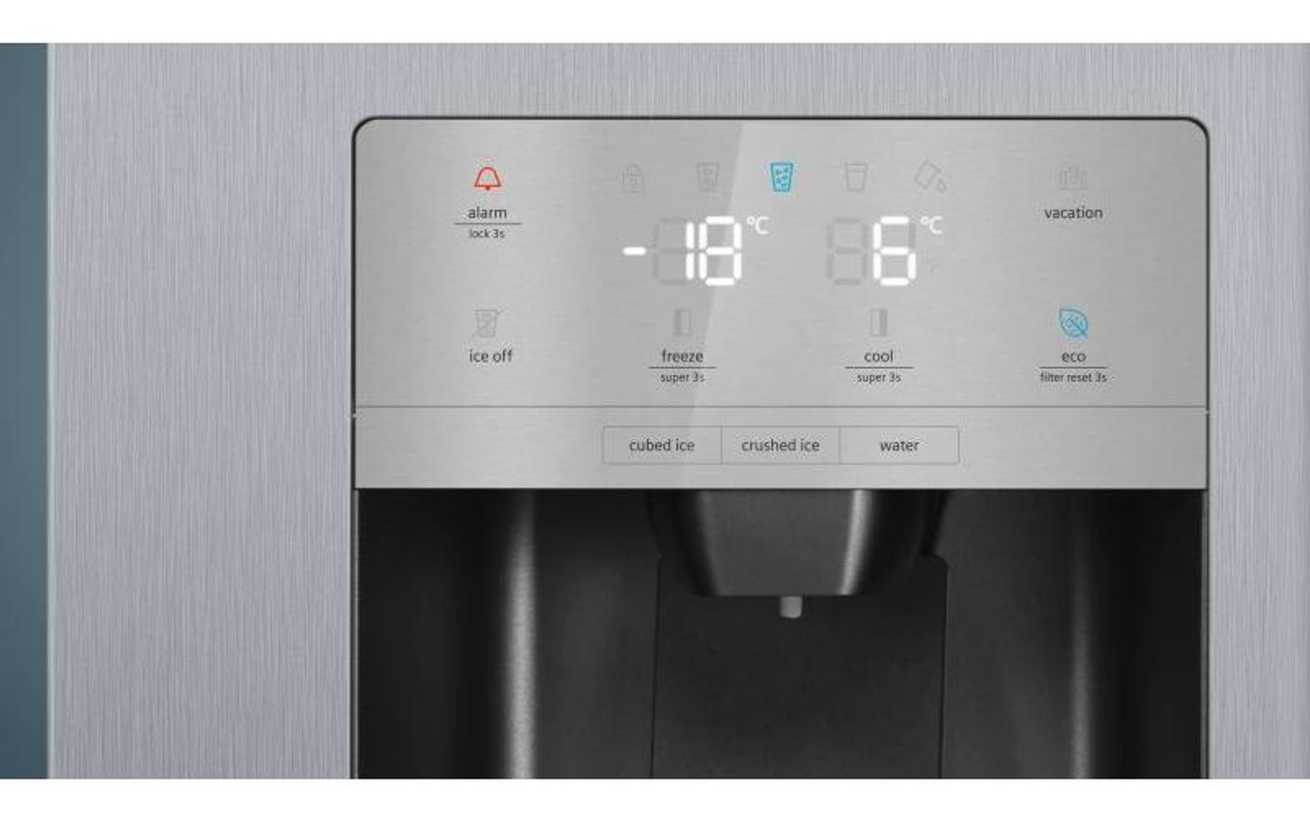 Panel sterowania lodówki ze stali nierdzewnej. Wyświetla temperaturę i ikony. Tło jest srebrne.