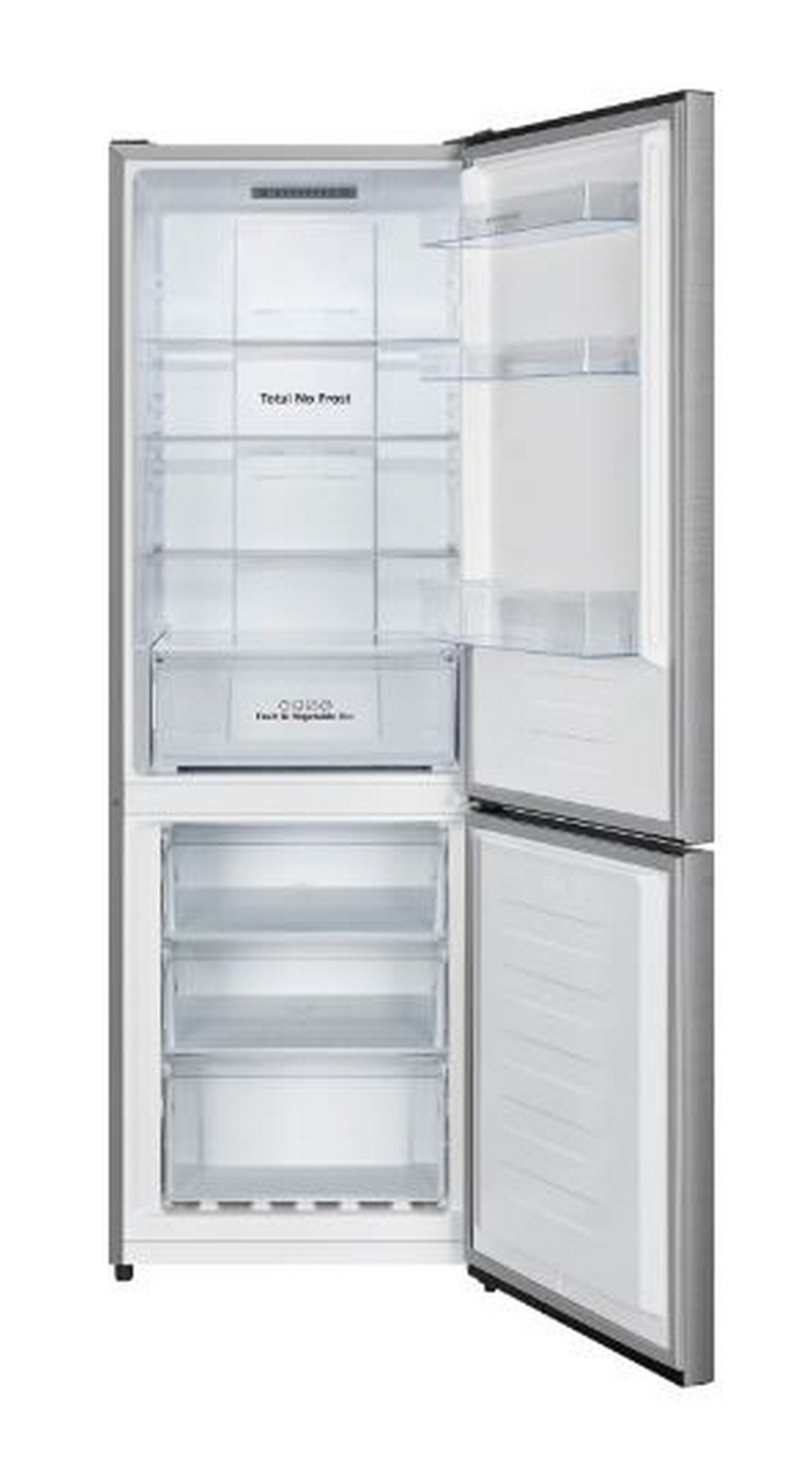 Refrigerador con la puerta abierta. Estantes, cajones y contenido visibles.