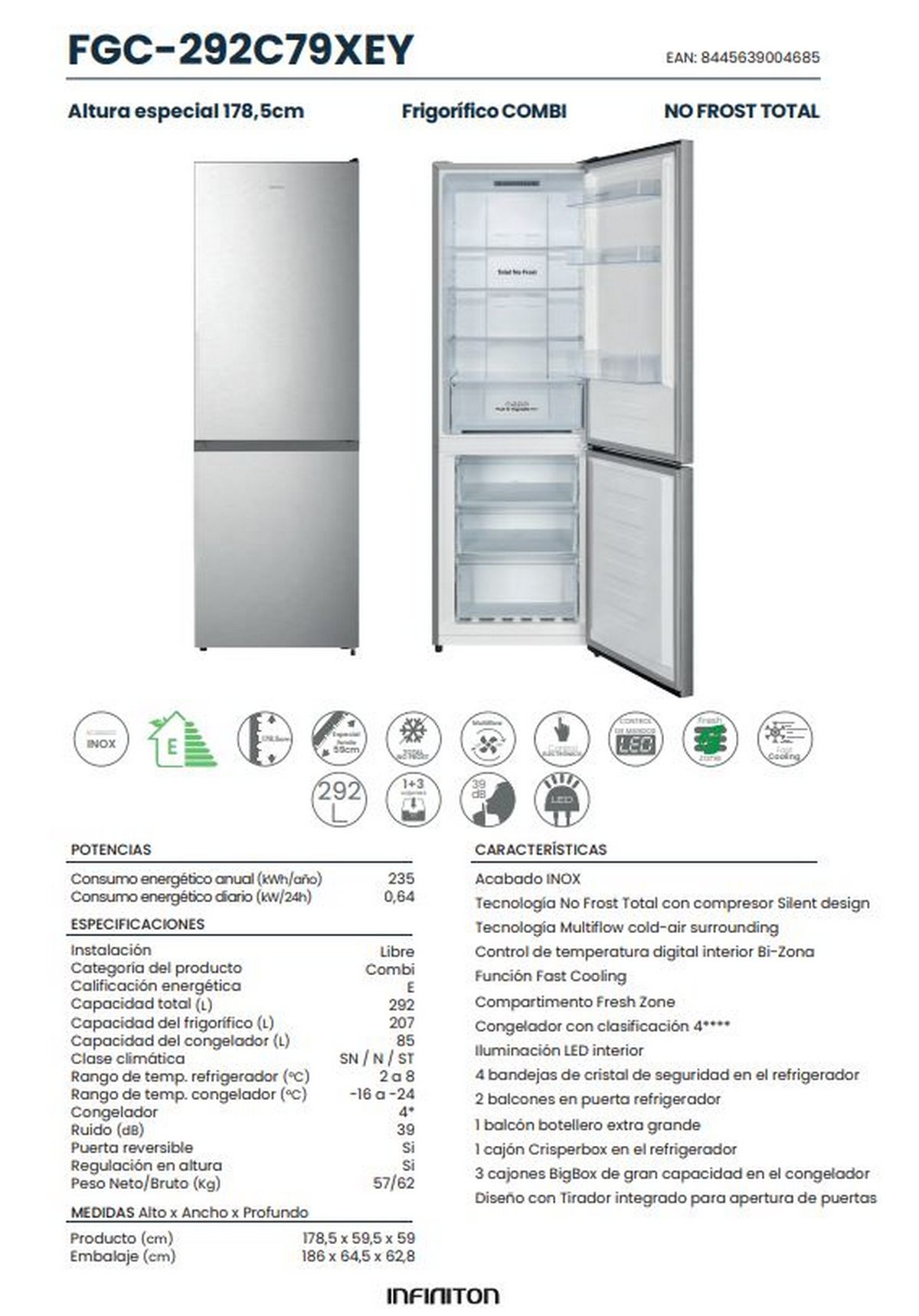 Refrigerador blanco con puerta abierta mostrando estantes, cajones y controles. Especificaciones visibles.