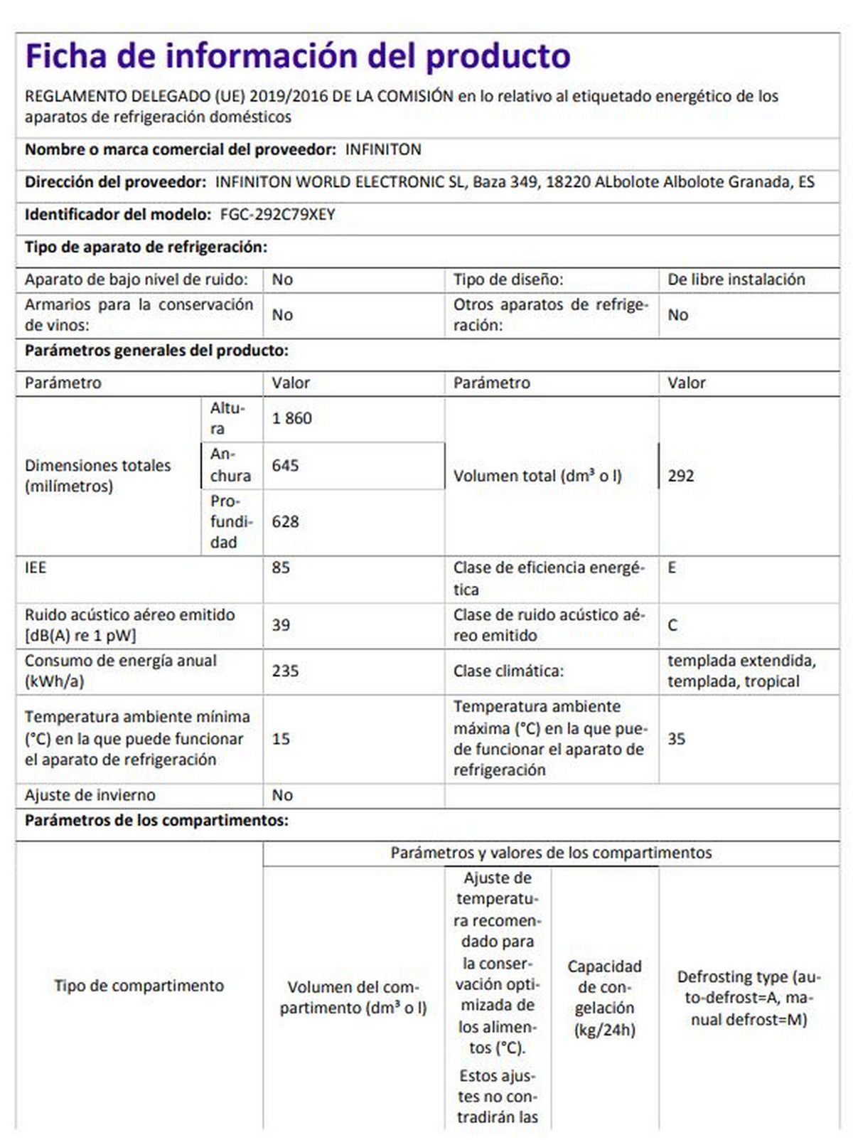 Hoja de información del producto con detalles sobre un refrigerador, incluyendo dimensiones y clase energética.