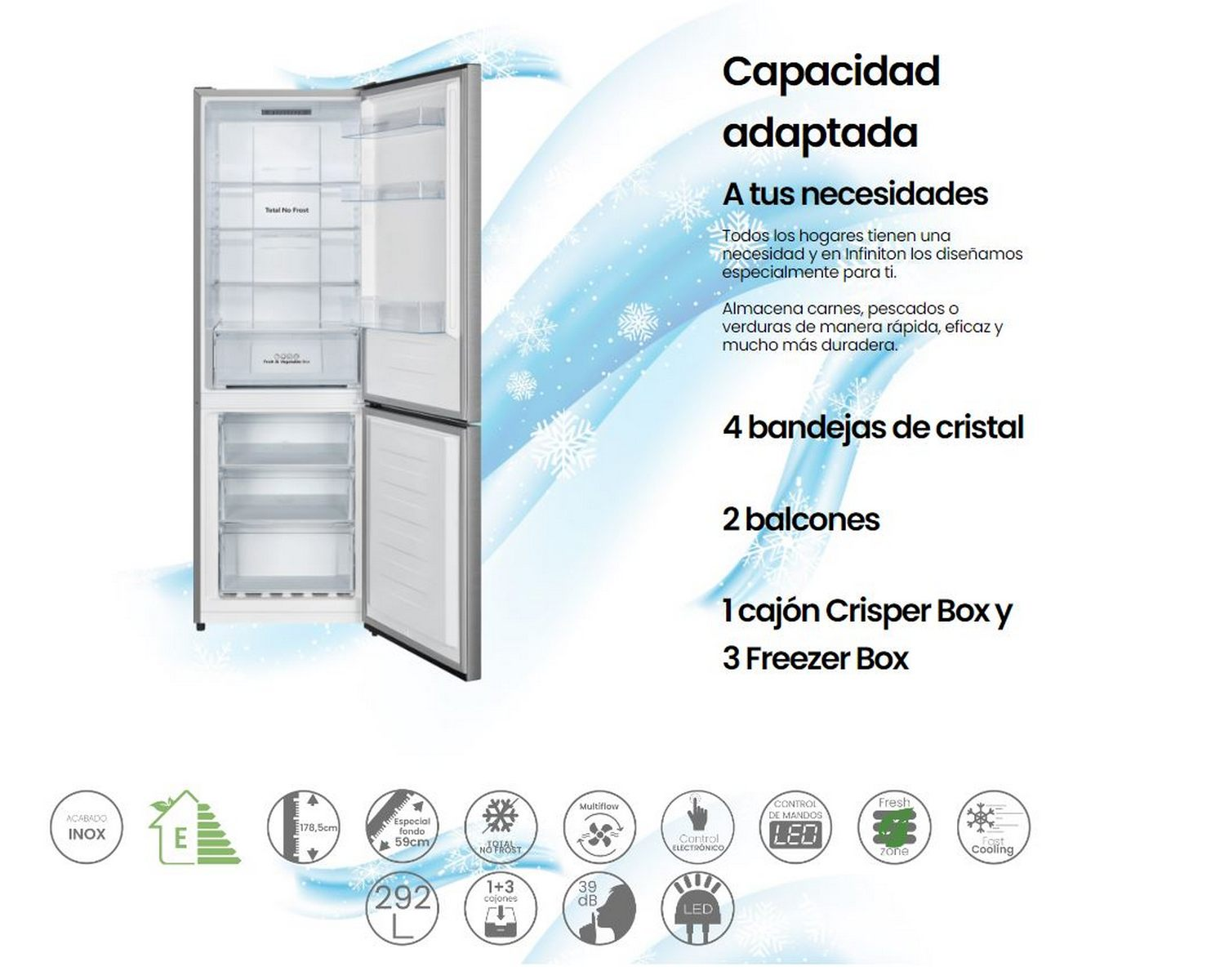 Refrigerador plateado con congelador, abierto mostrando el interior.