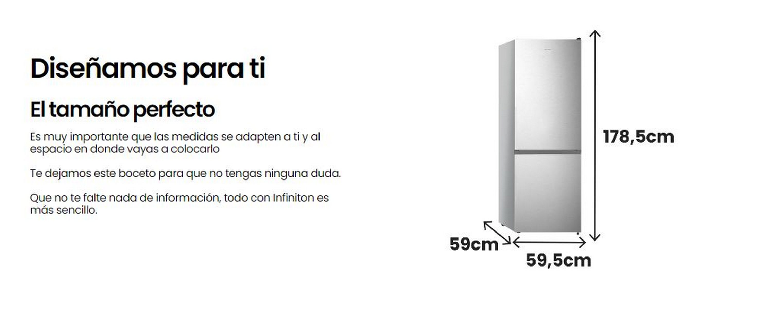 Un refrigerador blanco con dimensiones en español: 178,5cm alto, 59cm ancho y 59,5cm fondo.