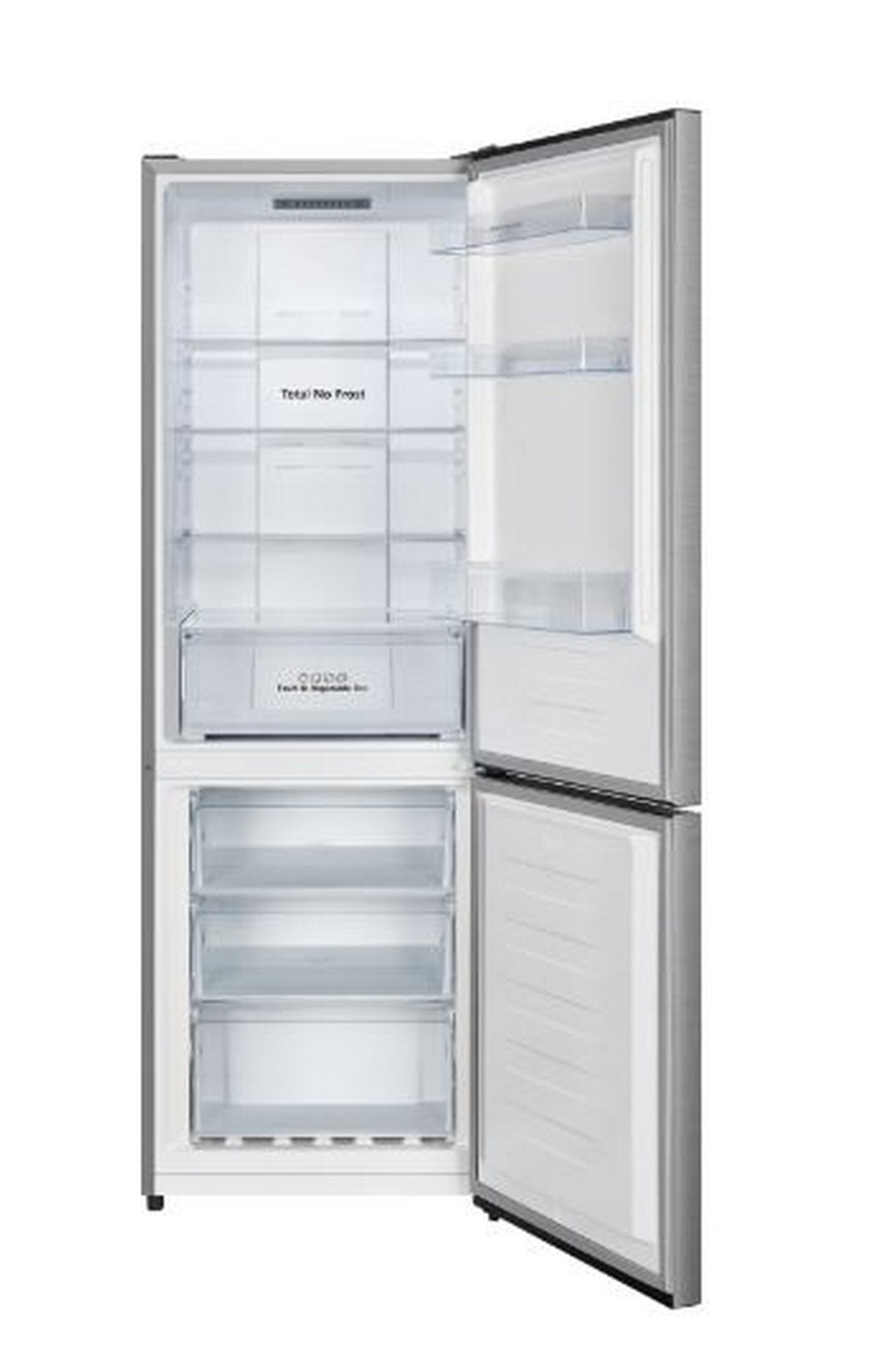 Refrigerador de acero inoxidable abierto con estantes, cajones y compartimentos transparentes. La puerta está entreabierta.