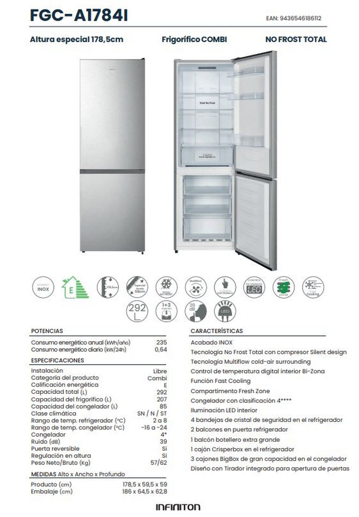 Refrigerador con puertas abiertas, mostrando el interior. Estantes y compartimentos.