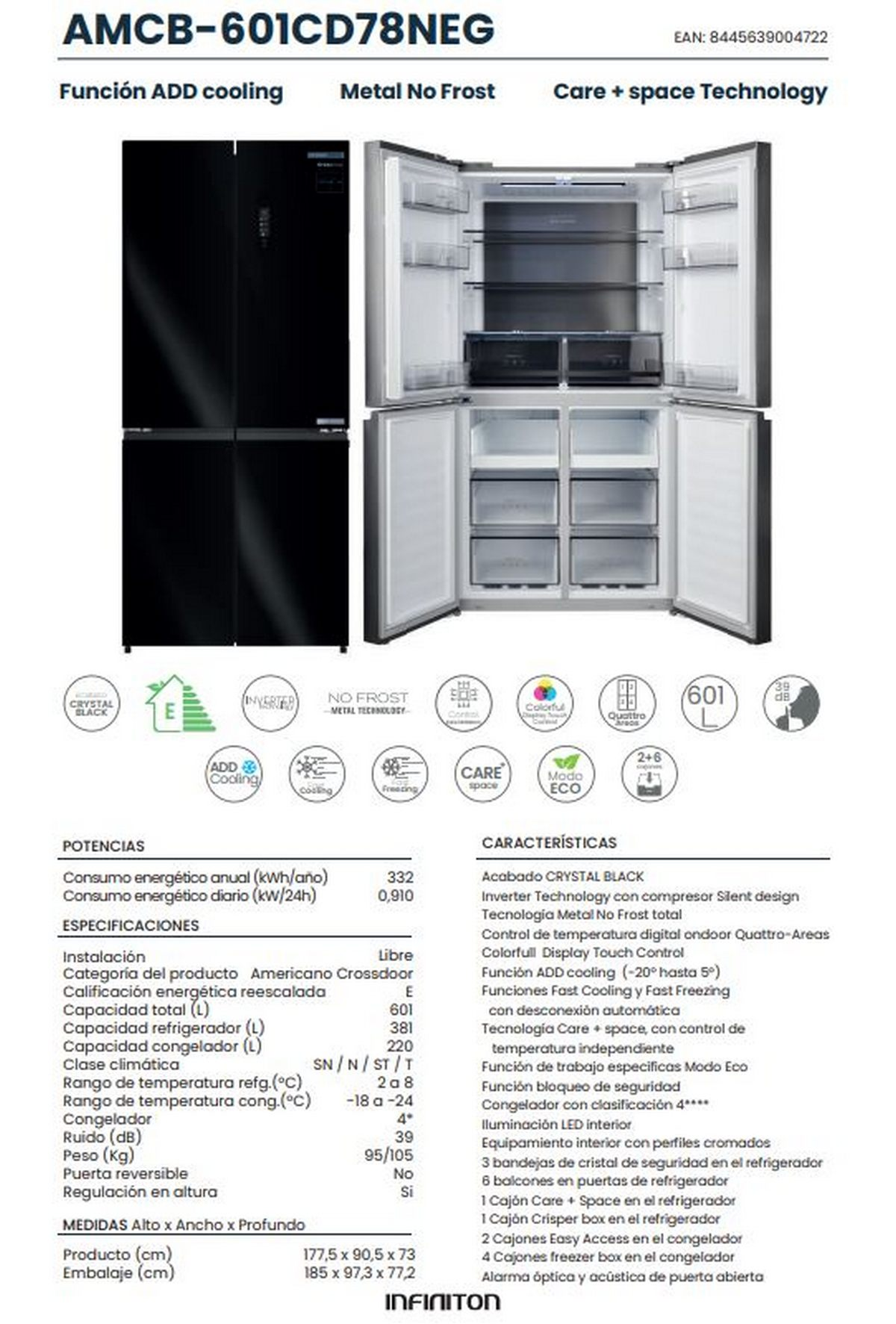 Refrigerador negro de varias puertas con características. Texto y diagramas.