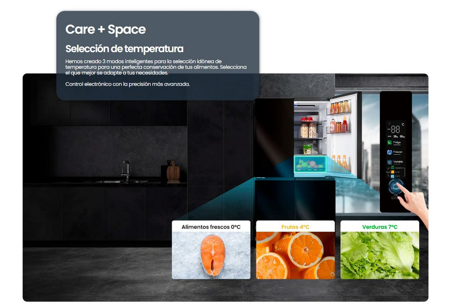 Escena de cocina moderna con refrigerador, que muestra la selección de alimentos para temperaturas de 0°C, 4°C y 7°C.