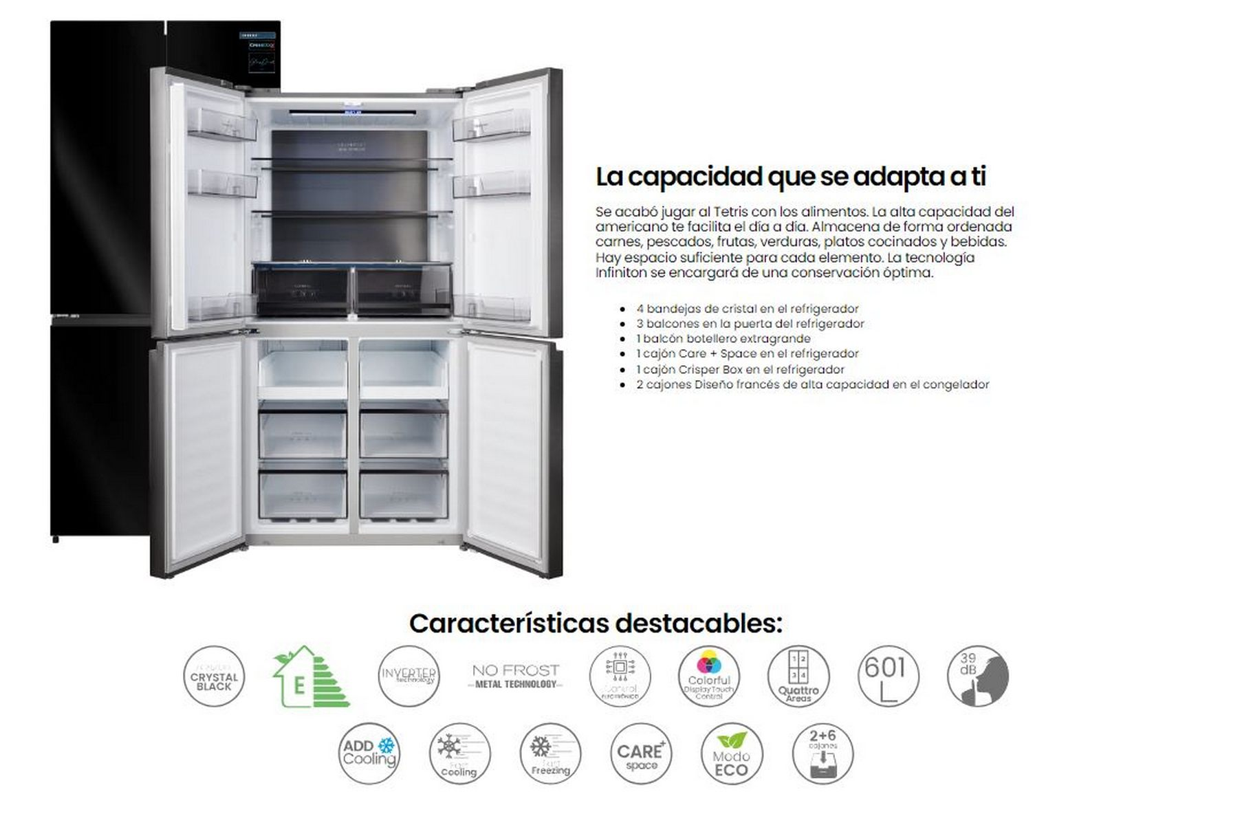Un refrigerador con las puertas abiertas, mostrando estantes y cajones, junto con iconos y texto.