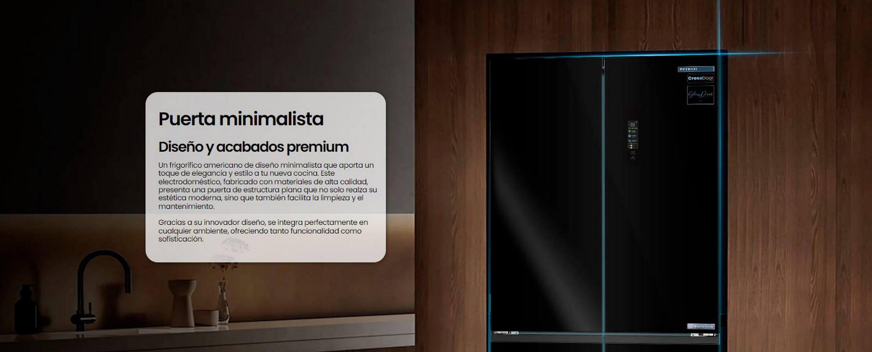 Un refrigerador negro minimalista con fondo de madera. El texto resalta su diseño y acabado premium.